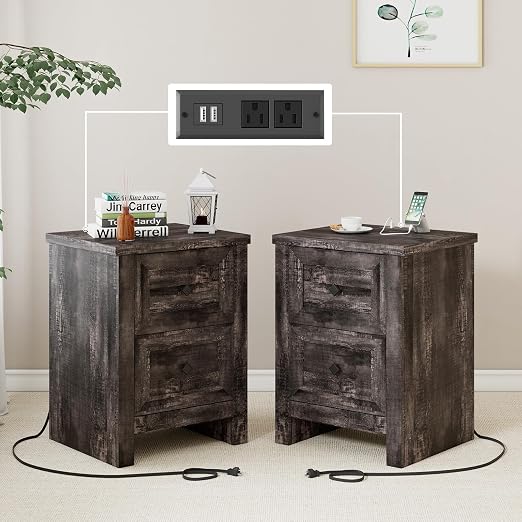Farmhouse Nightstand Set of 2 with Charging Station