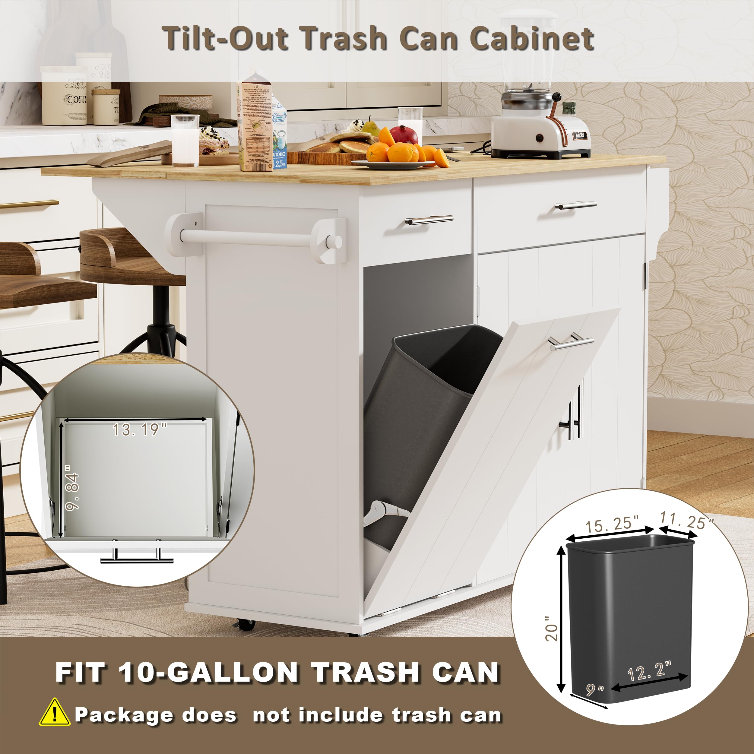 Rolling Kitchen Island with Trash Can & Drop Leaf