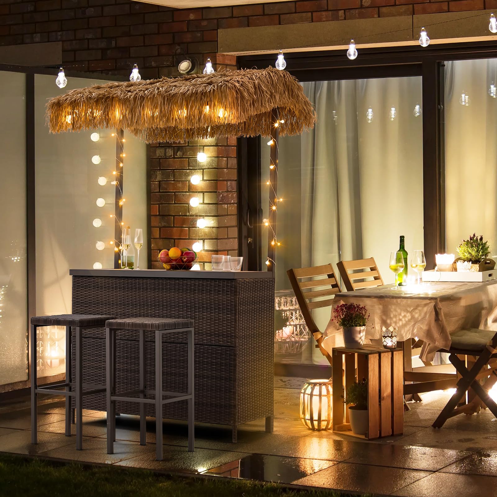 HOMREST Outdoor Tiki Bar Set, 3 Pieces Wicker Patio Bar Set w/2 Height Stools, Storage Shelf, Canopy, Plastic Wood Tabletop for Backyard Poolside Garden, Brown