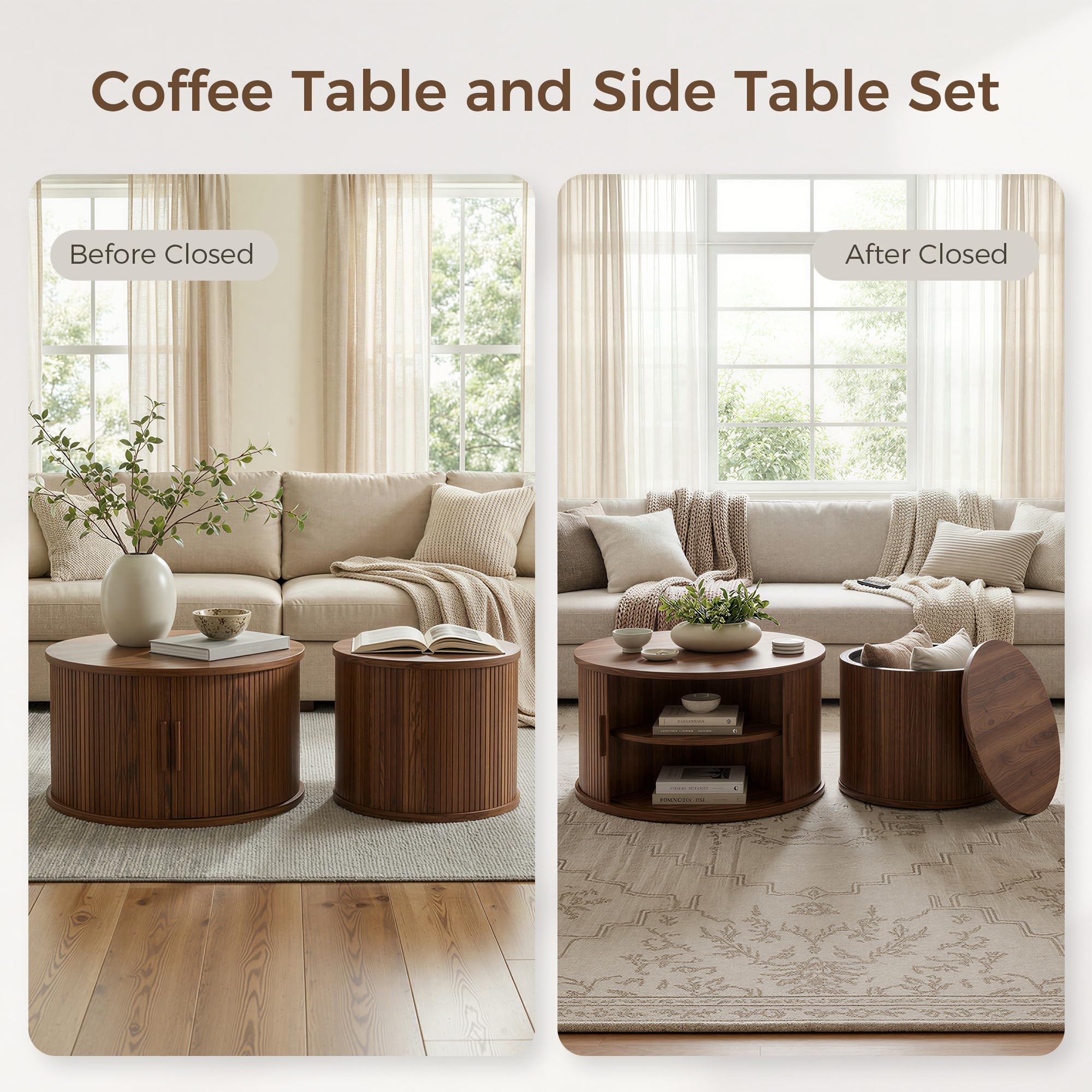 Round Coffee Table Set of 2 with Sliding Door & Hollow Storage