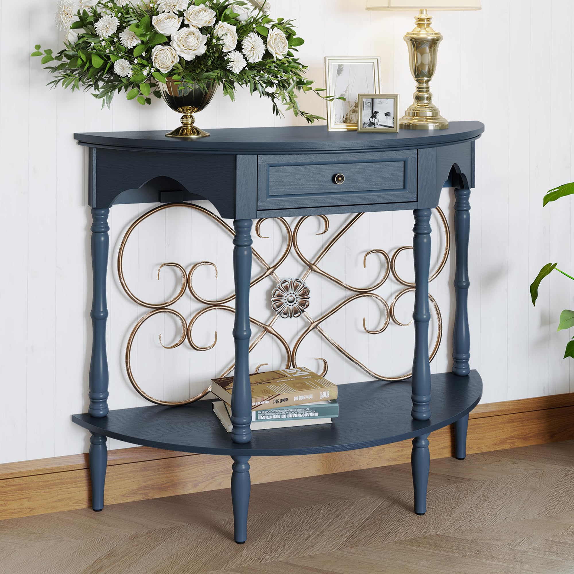 Half Moon Console Table with Drawer & Shelf