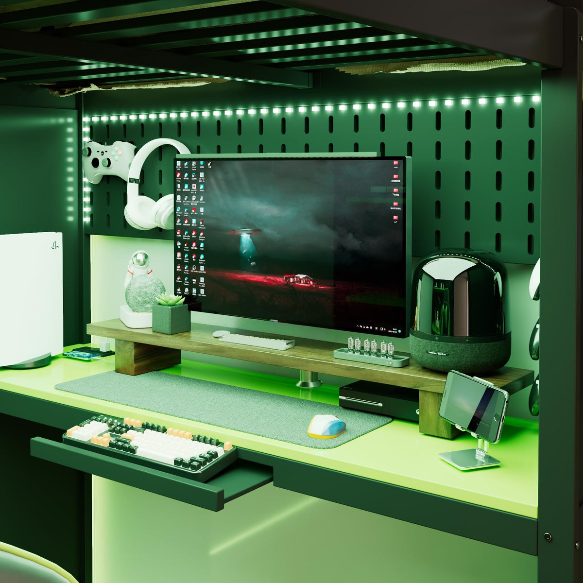 Merax Full Size Loft Bed with Desk and 6 Storage Shelves, Wardrobe, Blackout Curtain, Sturdy Wood Gaming Loft Bunk Bed Frame with USB Port & RGB Lights, No Box Spring Need, Space-Saving, Black+Green