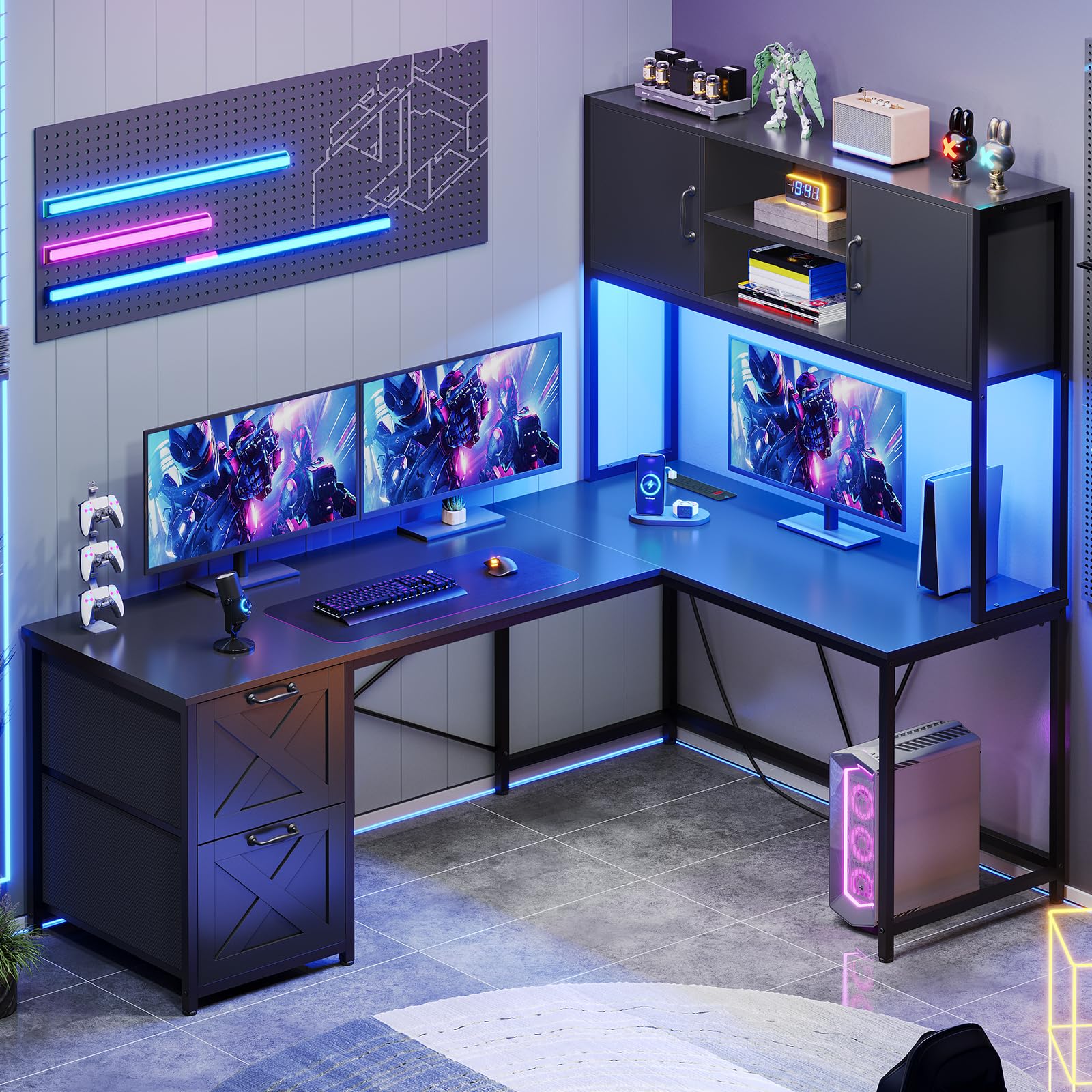 L-Shaped Corner Desk with Drawers, LED Lights & Power Outlet