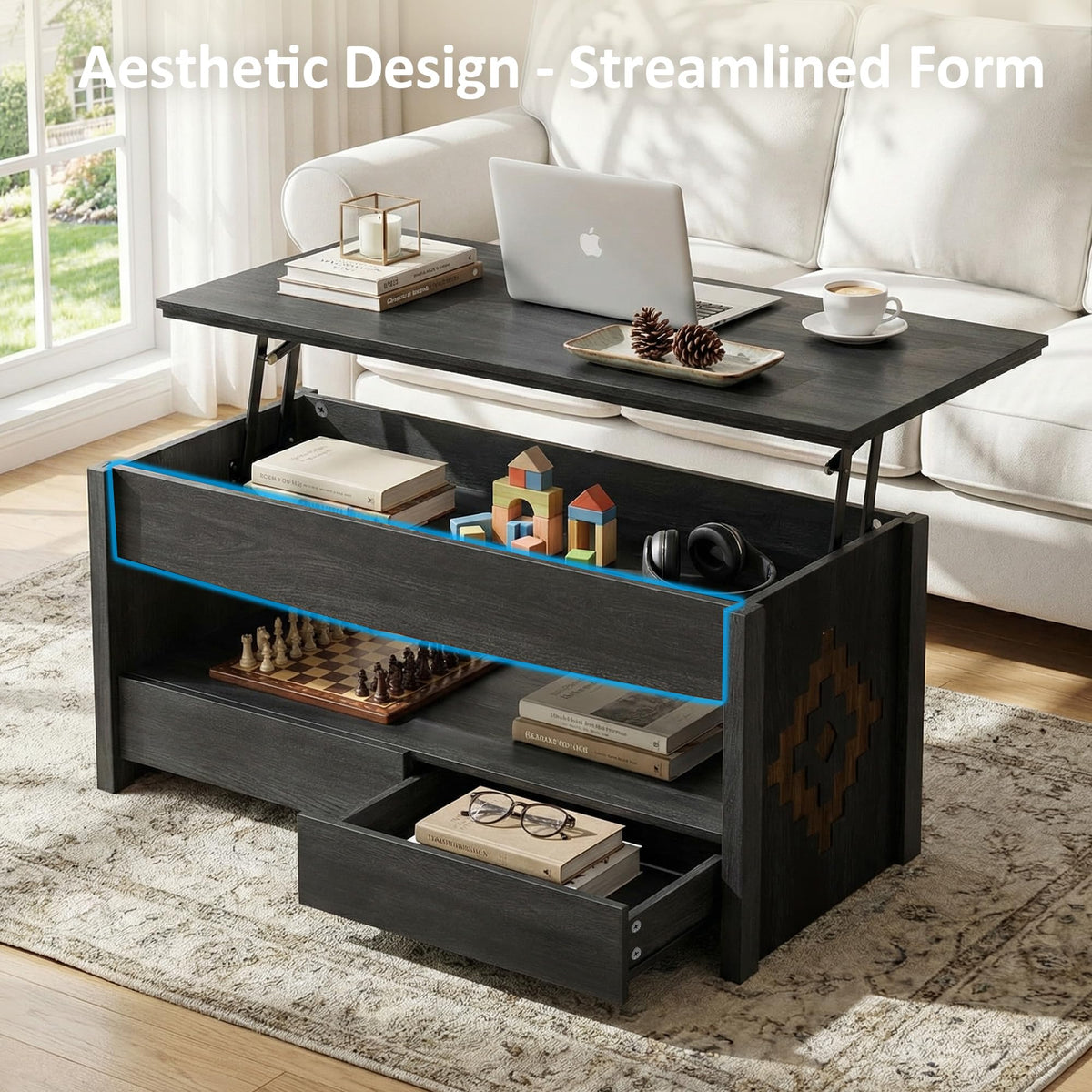 nesture. 41" Coffee Tables for Living Room, Lift Top Coffee Table with 2 Drawers and 1 Hidden Compartment,1 Open Shelf,Global Style with Wooden Lift Tabletop,Black