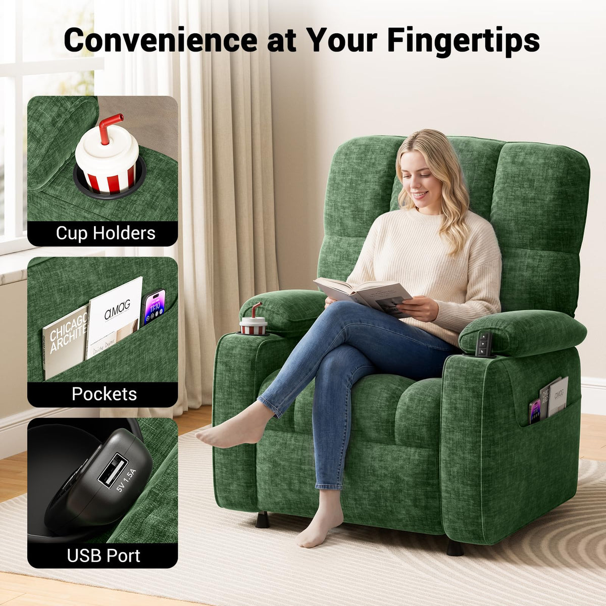Green Chenille Power Recliner