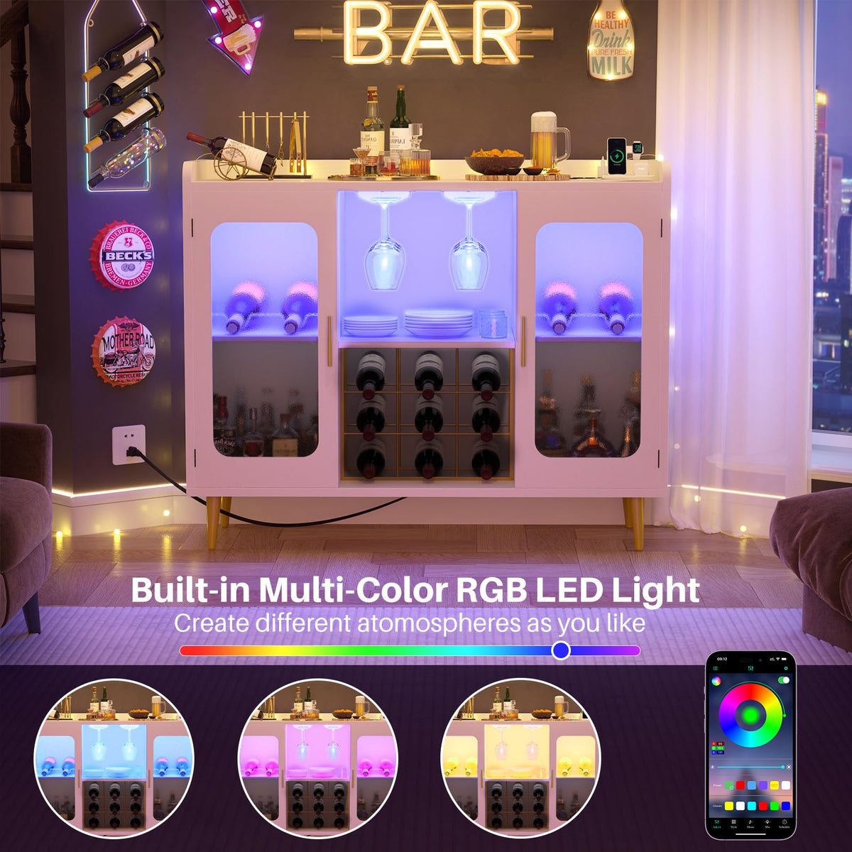 LED Wine Cabinet with Power Outlets