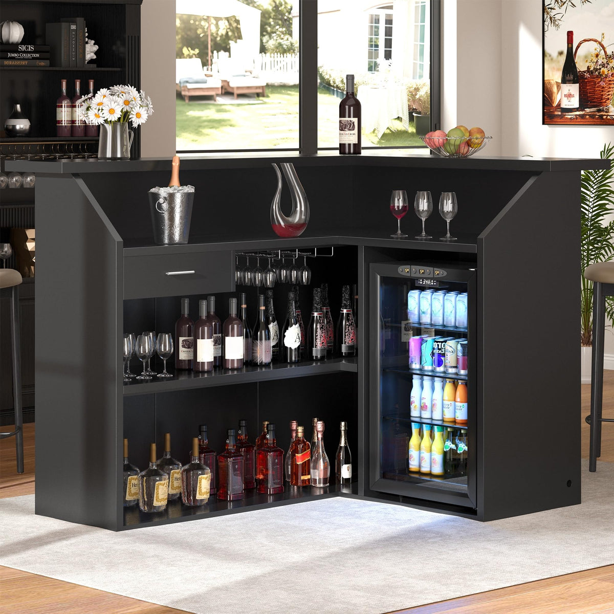 L-Shaped Bar Cabinet with Fridge Space