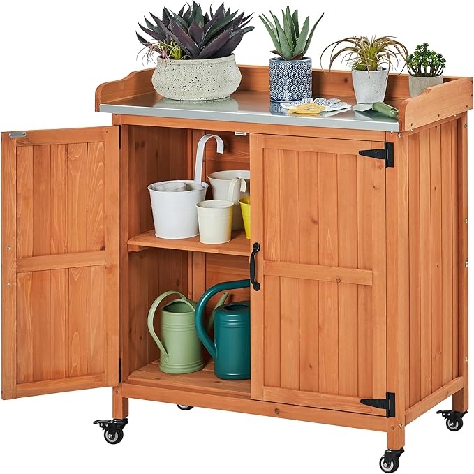 Rolling Garden Potting Bench with Metal Top & Storage