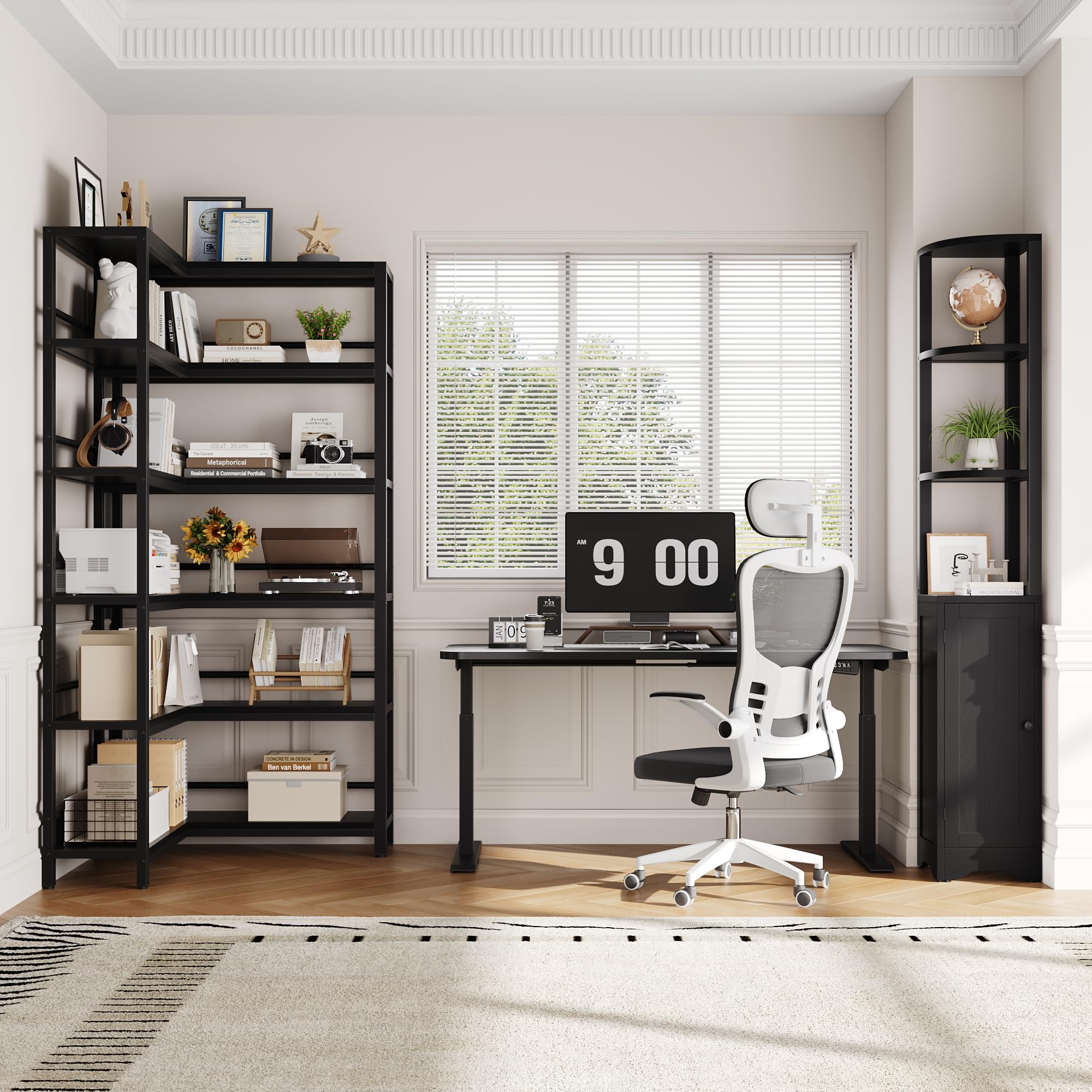 Keyluv Black Corner Bookshelf 72" Tall Corner Book Shelves Cases 2 Pieces Open Bookcase Large Storage Display Shelf Standing 6 Tier Shelving Unit with Cabinet for Home office Living Room, Wood & Metal