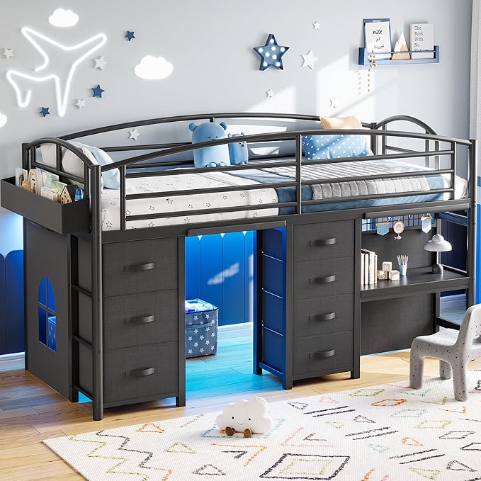Kids Twin Low Loft Bed with Storage Drawers, Desk & LED Lights