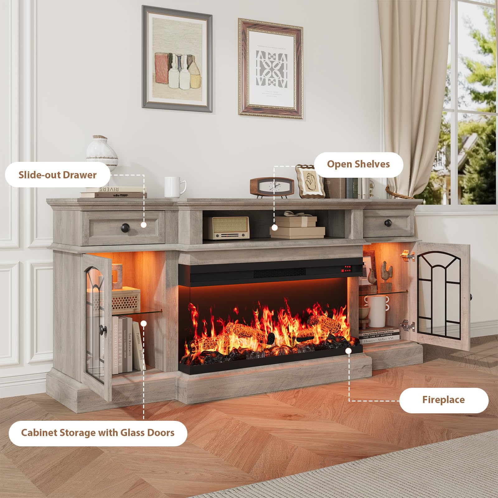 QUW 70" Farmhouse Fireplace TV Stand for TVs up to 80", Entertainment Center with 36" 3-Side Glass Electric Fireplace with Open Shelf and Cabinet, TV Console for Living Room, Grey