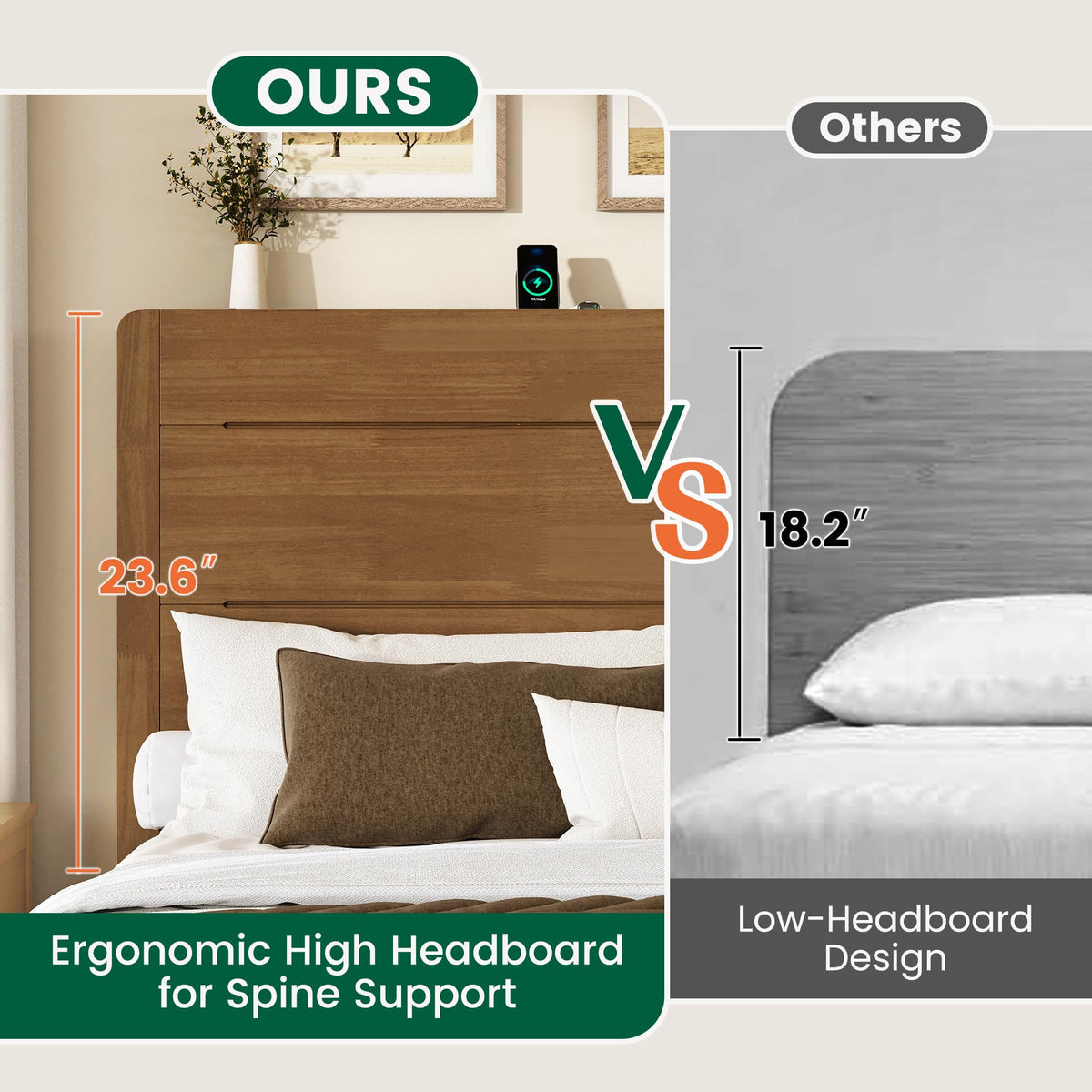 LARMACE King Size Wood Platform Bed Frame with Mid-Century Modern Tall Headboard & Charging Station, Built-in Headboard Shelf, Solid Sustainable Bedframe, No Box Spring Needed, Easy Assembly, Walnut
