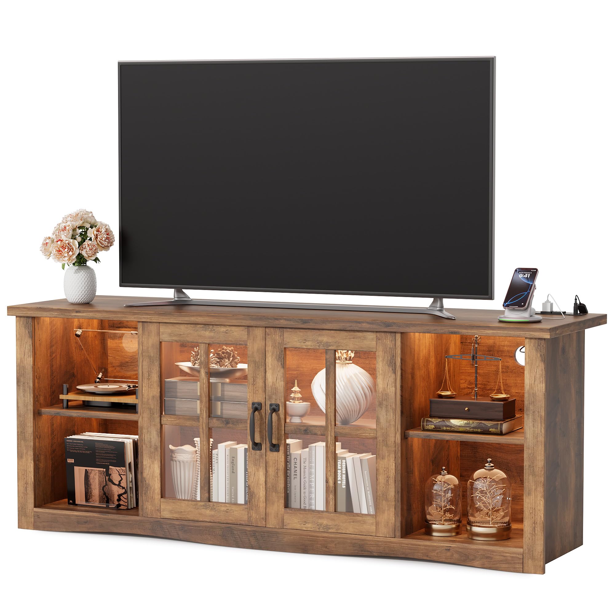 58" TV Stand with LED Lights, Glass Doors & USB Charging