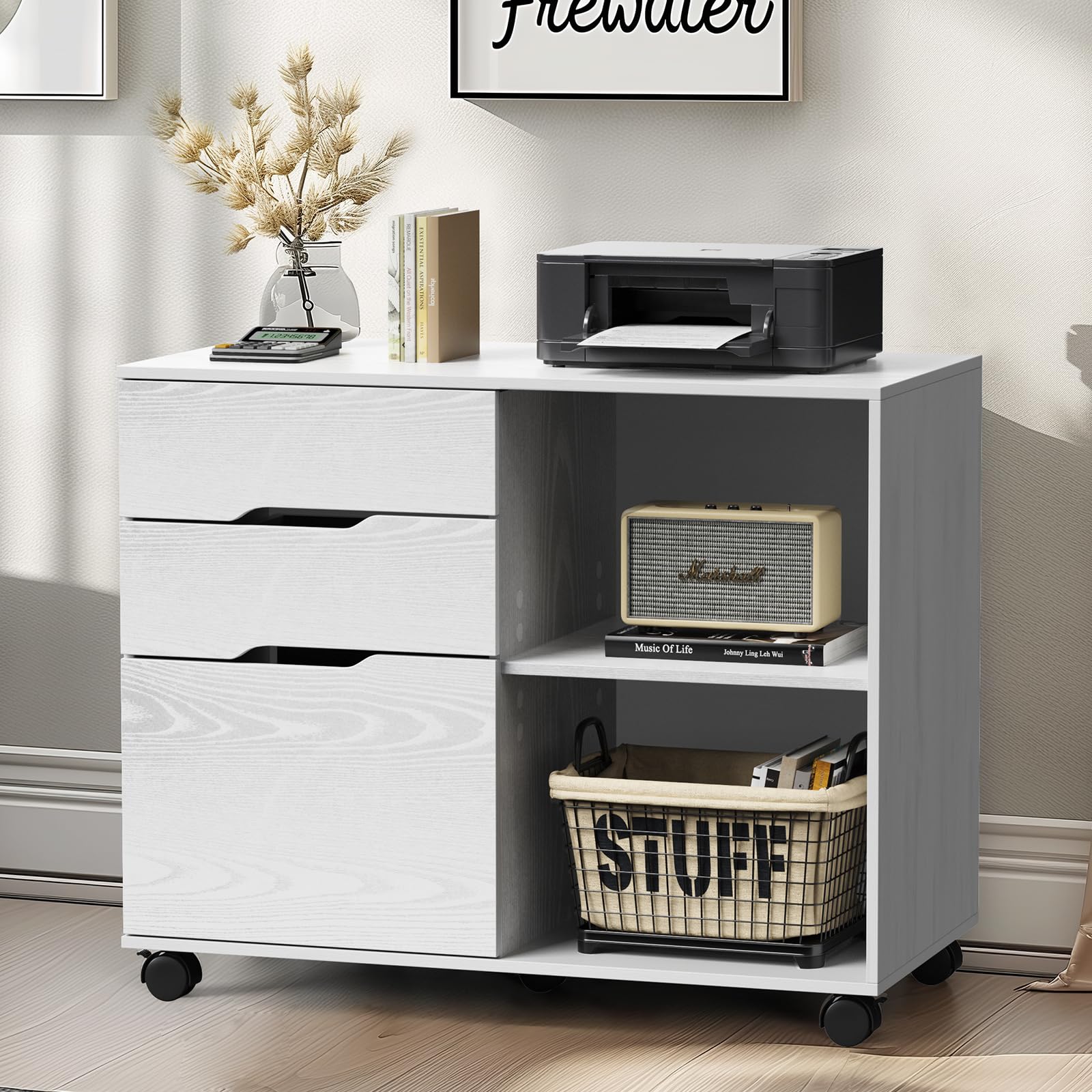 Rolling File Cabinet with 3 Drawers & Adjustable Shelf