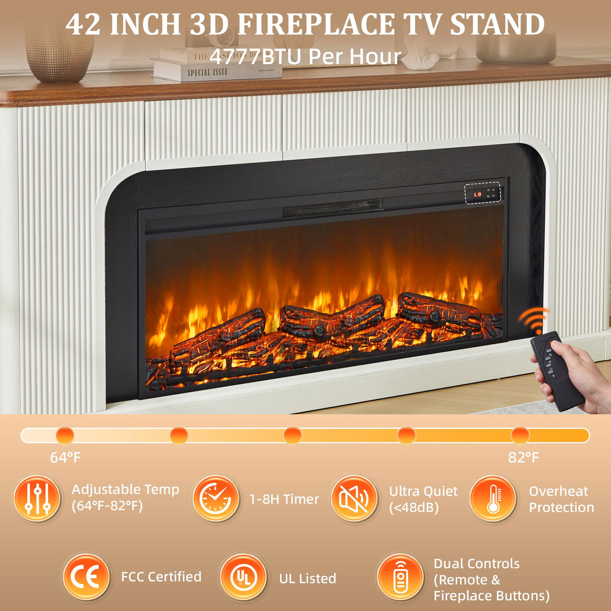 70" Fireplace TV Stand with 42'' Electric Fireplace for 65, 75, 80 inch TV