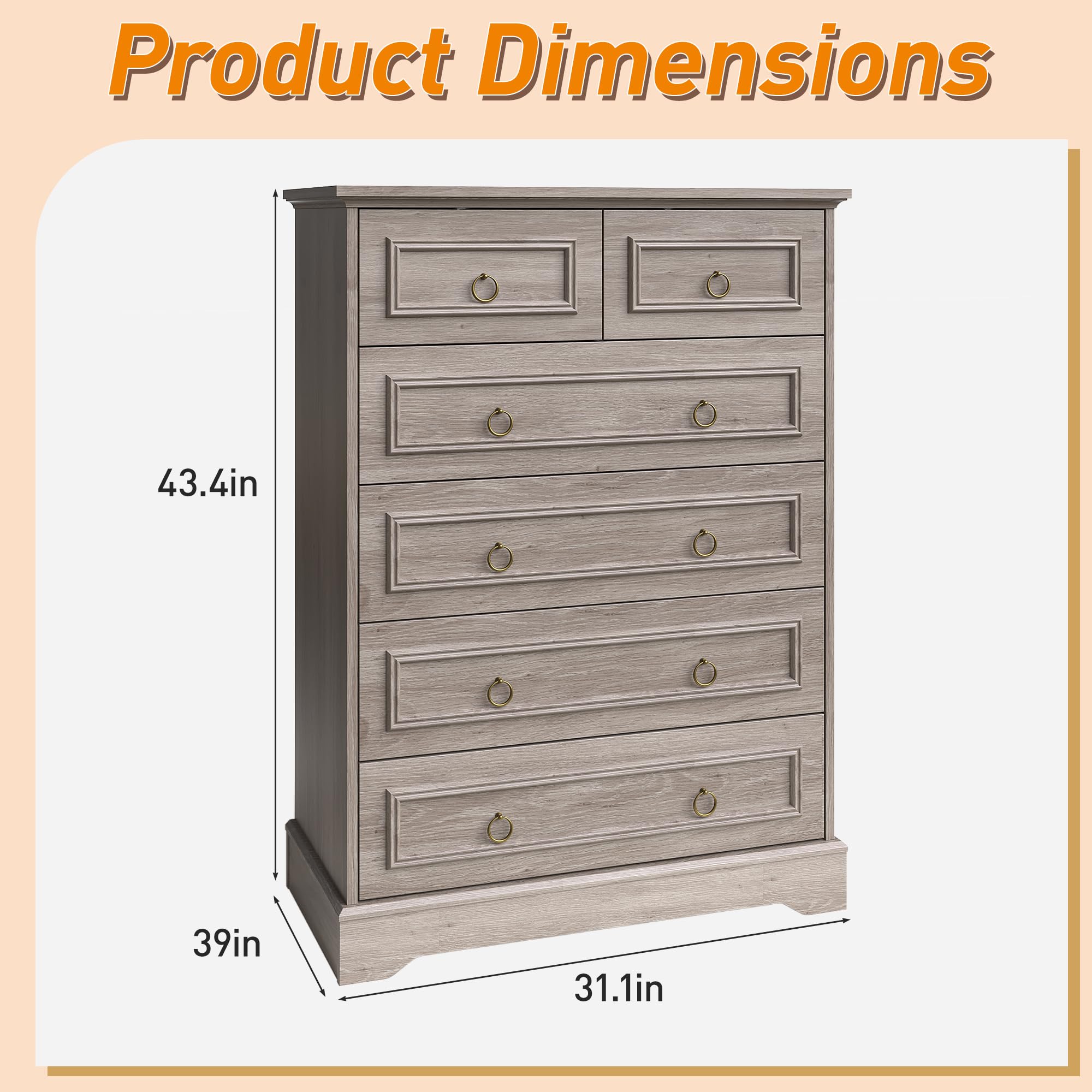 Maupvit 6 Drawers Dresser, Vintage Design Wood Rustic Chest of Drawers with Natural Texture, Sturdy & Durable Farmhouse Dresser, Ideal Storage Dressers for Living Room