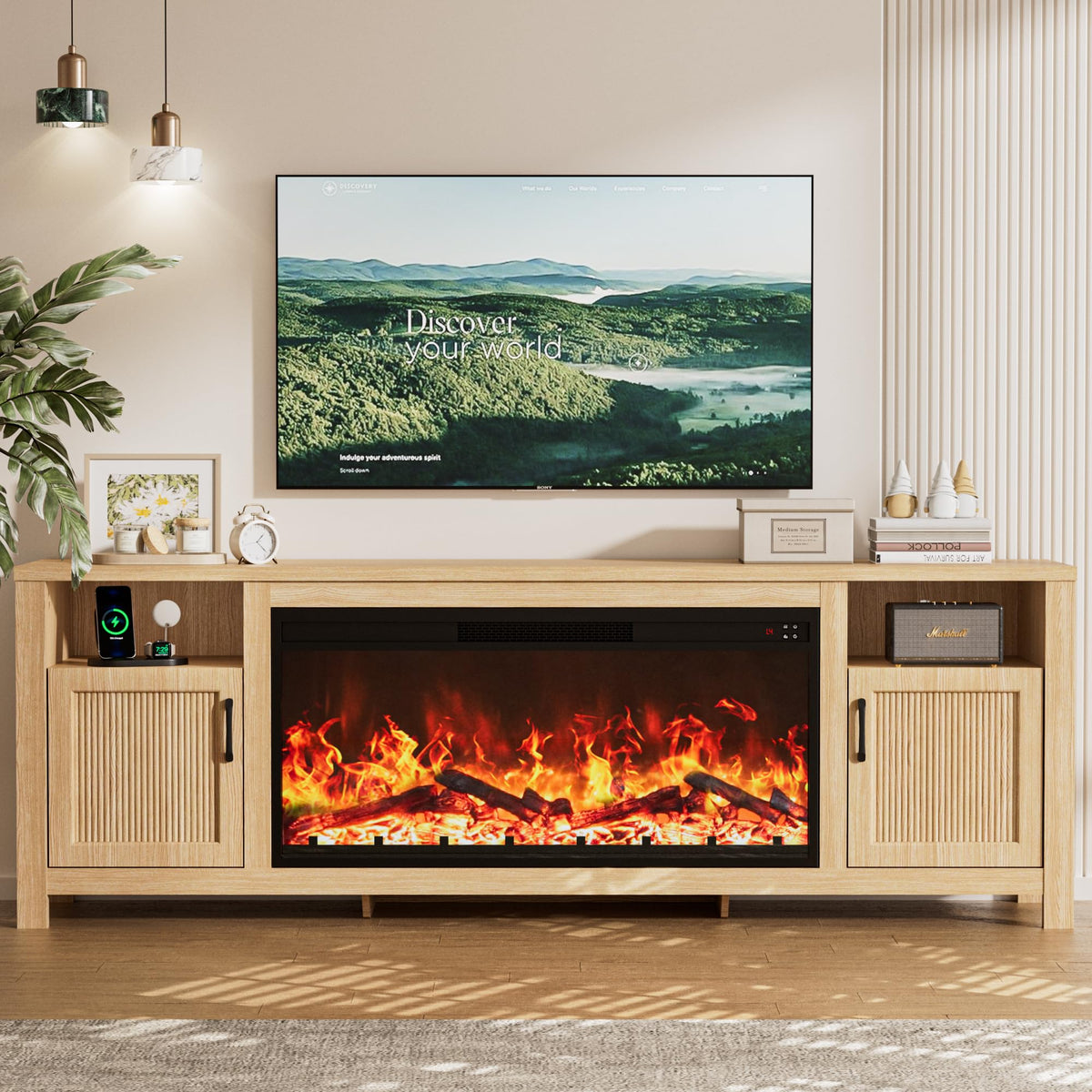 71" Fluted Fireplace TV Stand with 38" Electric Fireplace for Television up to 80”, Entertainment Center, Media Console, Fire Place Mantel with Storage Cabinet for Living Room, Bedroom, Farmhouse