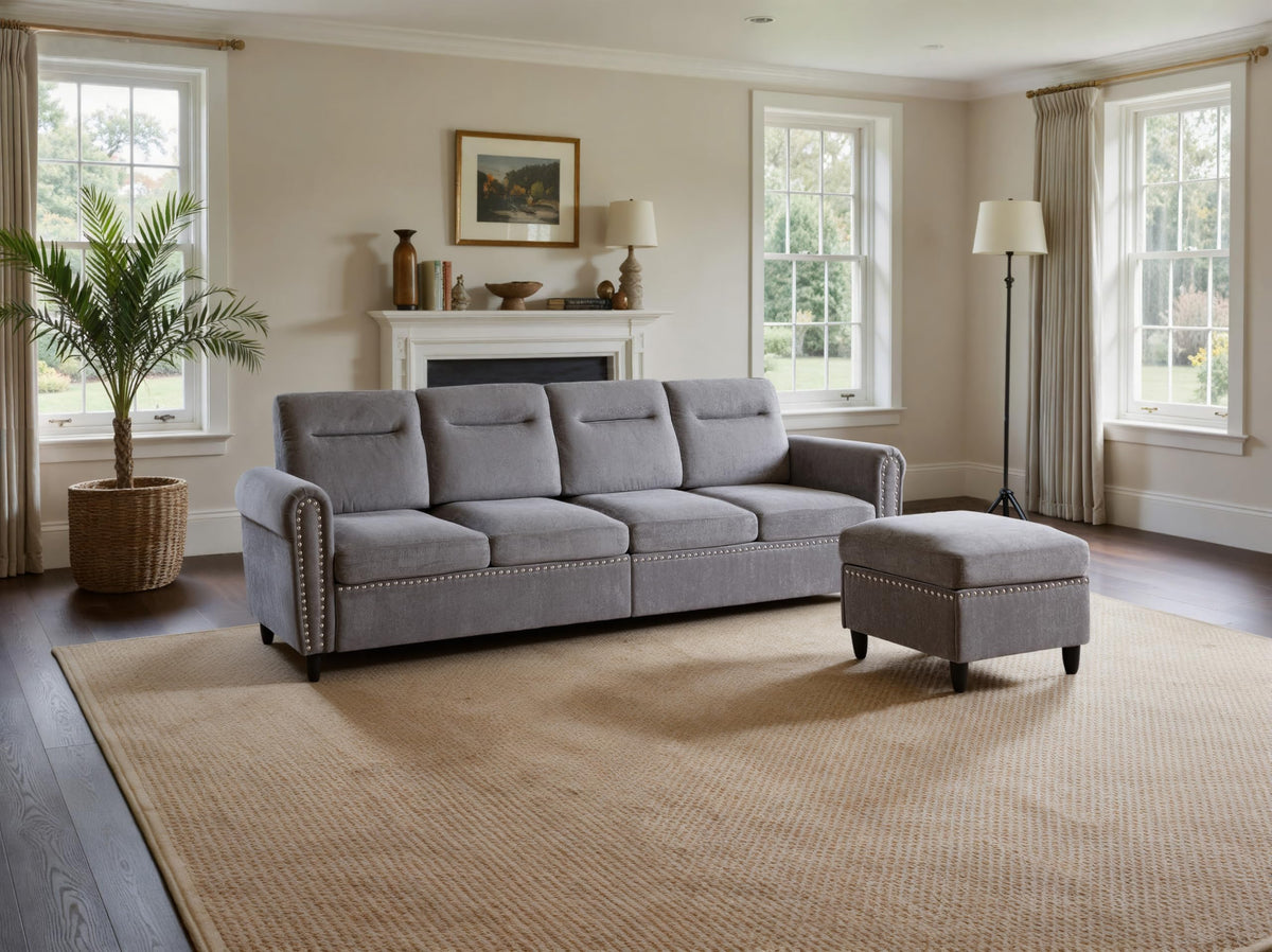 Grey Modular L-Shaped Couch with Movable Ottoman for Living Room, 106-inch
