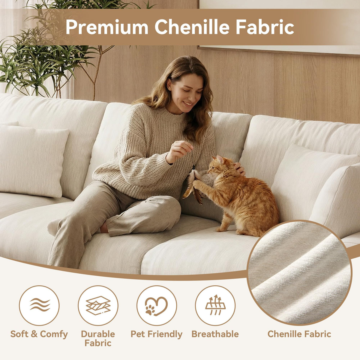 WorthFurni 140” Oversized Cloud Sectional Couches for Living Room, Modern Modular Sectional Sofa with Deep Seat, Convertible U Shape Couch with Storage Ottoman for Apartment, Chenille (Warm White)