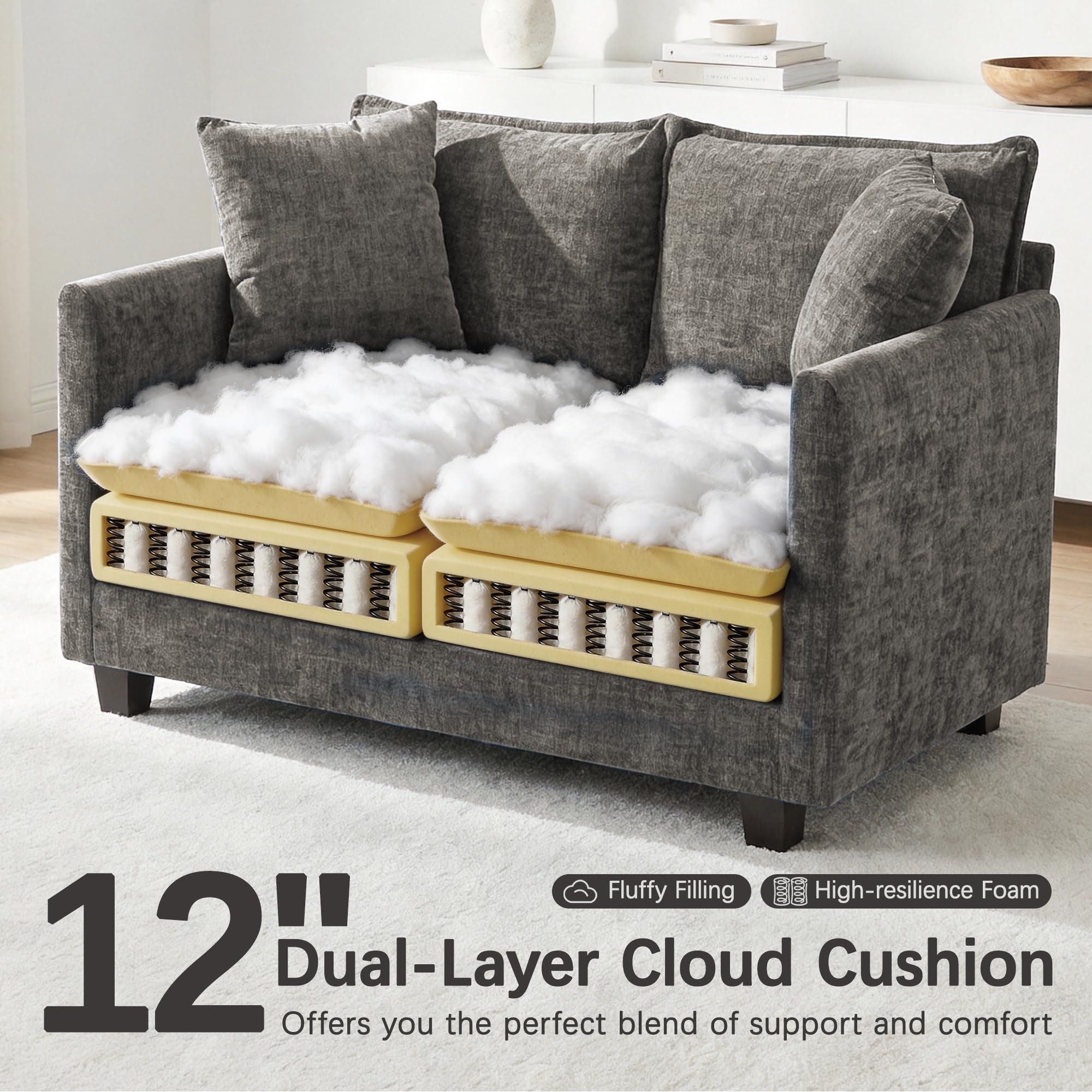 Chenille Cloud Loveseat with Deep Seat, 2 Pillows & Optional Ottoman