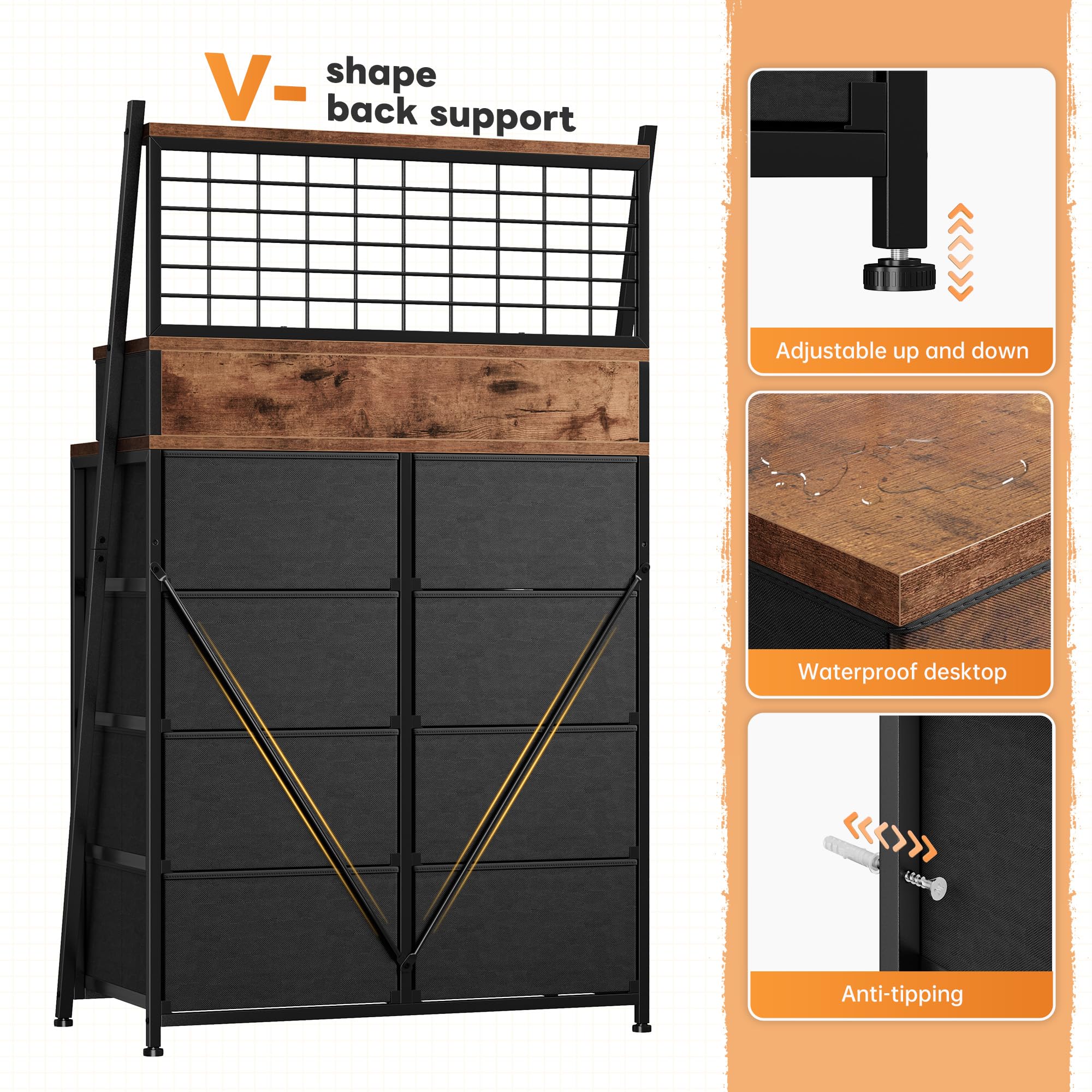 EnHomee 51" H Dressers & Chest of Drawers with 11 Drawers & LED Light, Bedroom Dresser with Wire Grid Panels & Open Shelves for Entryway, Dorm, Rustic Brown, 11.8" D x 33.9" W x 51.2" H