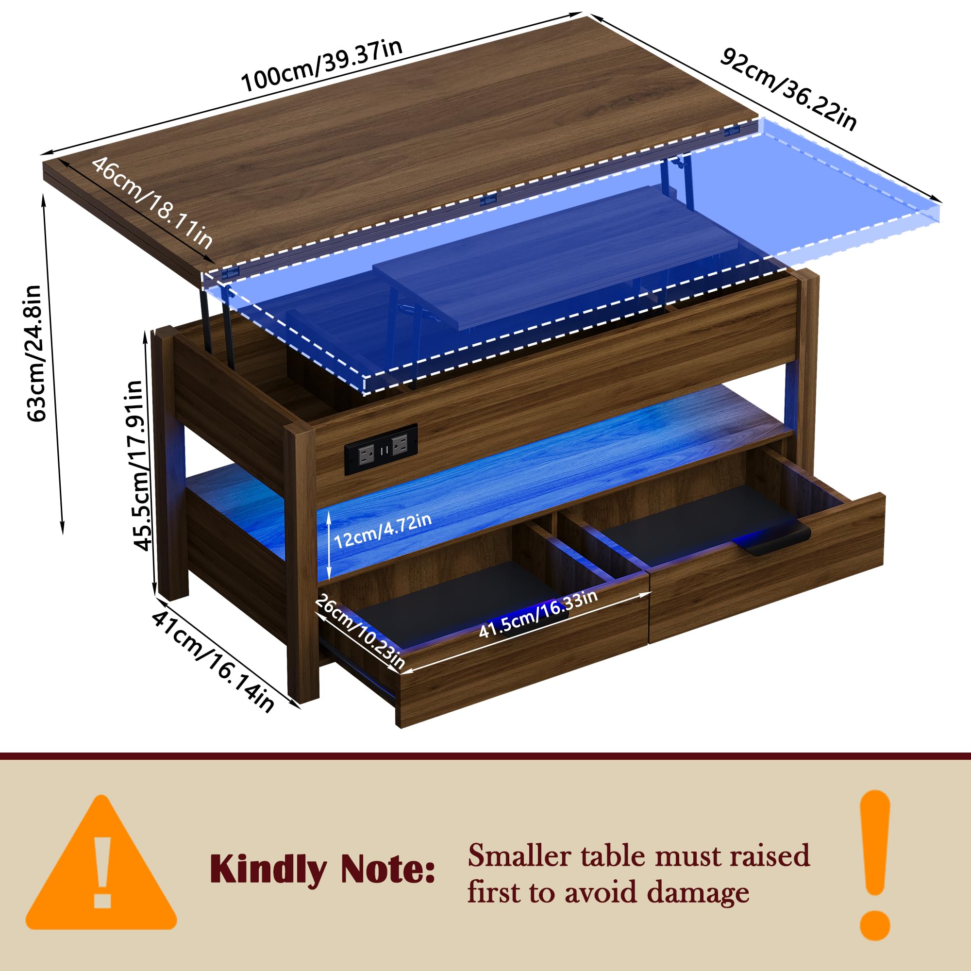 Cakhdry 40" Lift Top Coffee Table, Smart Coffee Tables with Power Outlets & LED Lights, Modern Center Table Converts to Dining Table with Lifting Top and Storage for Living Room, Walnut
