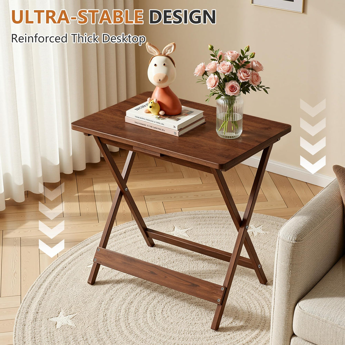 VECELO Folding Table Set of 2, Modern Wood Portable Snack TV Trays, Easy to Clean & Assemble, for Living Room,Bedroom, Kitchen, Brown