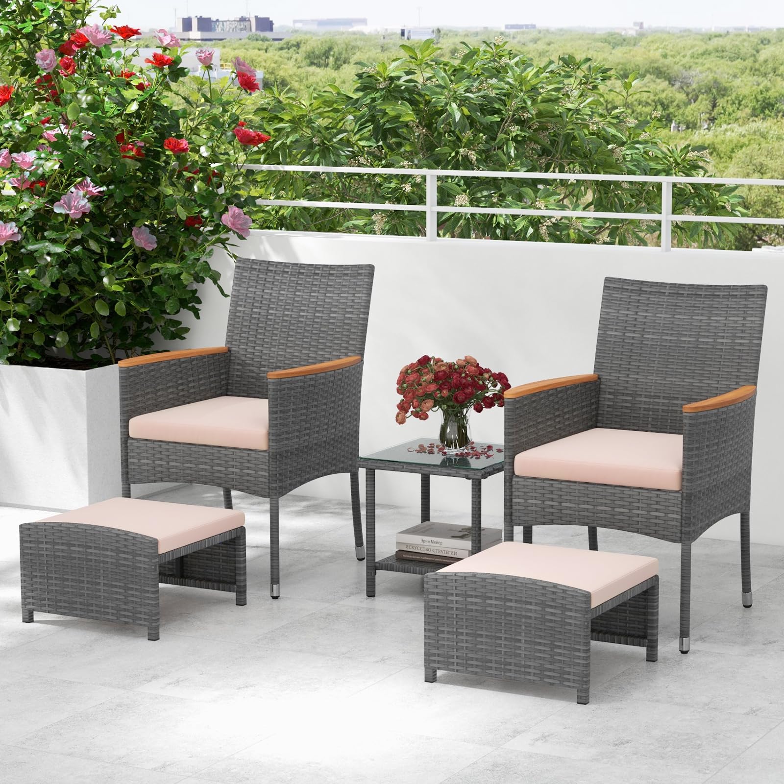 5-Piece Wicker Patio Conversation Set with Ottomans & Coffee Table