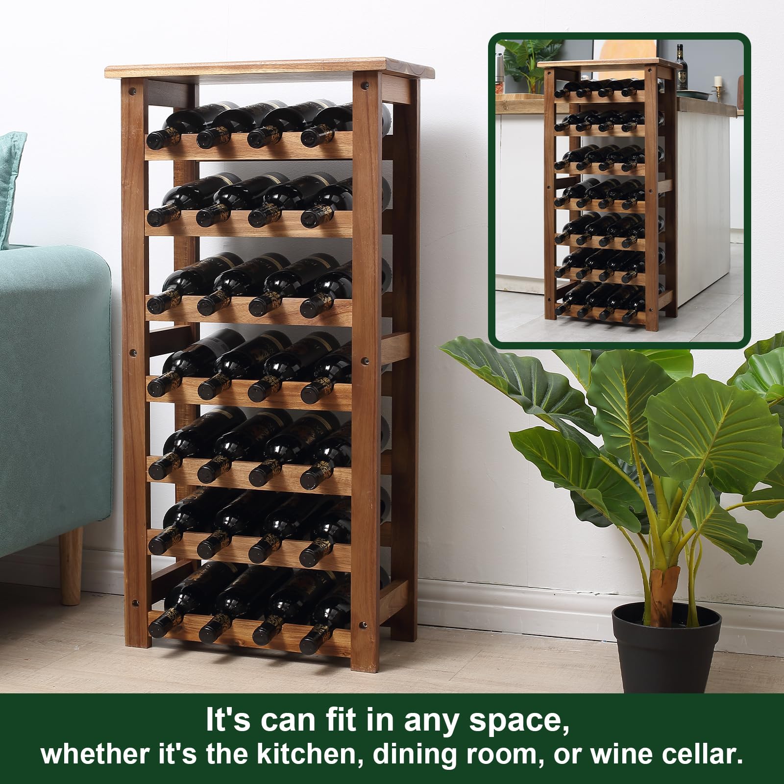 Everous Wine Rack Wood Floor Standing 28 Bottles - 7 Tier Wooden Wine Holder Storage Organizer for Kitchen, Pantry, Wine Cellar, Bar - Freestanding Display Rack Natural Acacia - Sustainable Home Decor