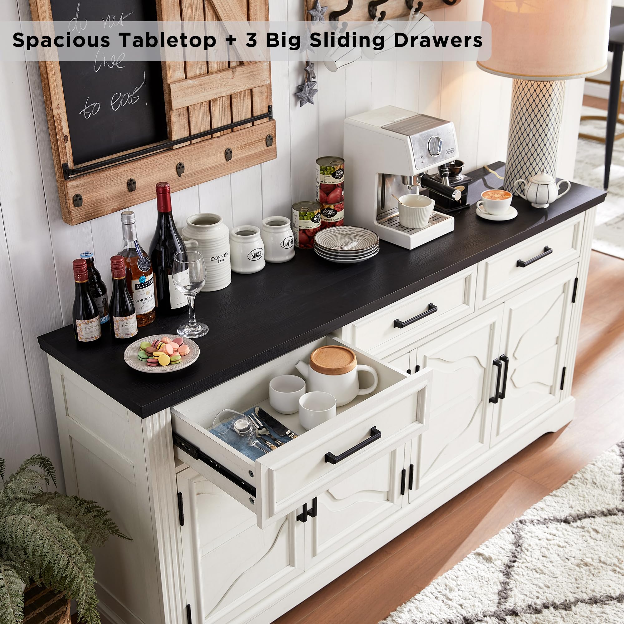 JXQTLINGMU 66" Farmhouse Buffet Cabinet with Storage, Sideboard Credenza with 4 Door Cabinets, Adjustable Shelves & 3 Drawers, Coffee Bar Cabinet for Dining Room, Kitchen, Living Room, Off White
