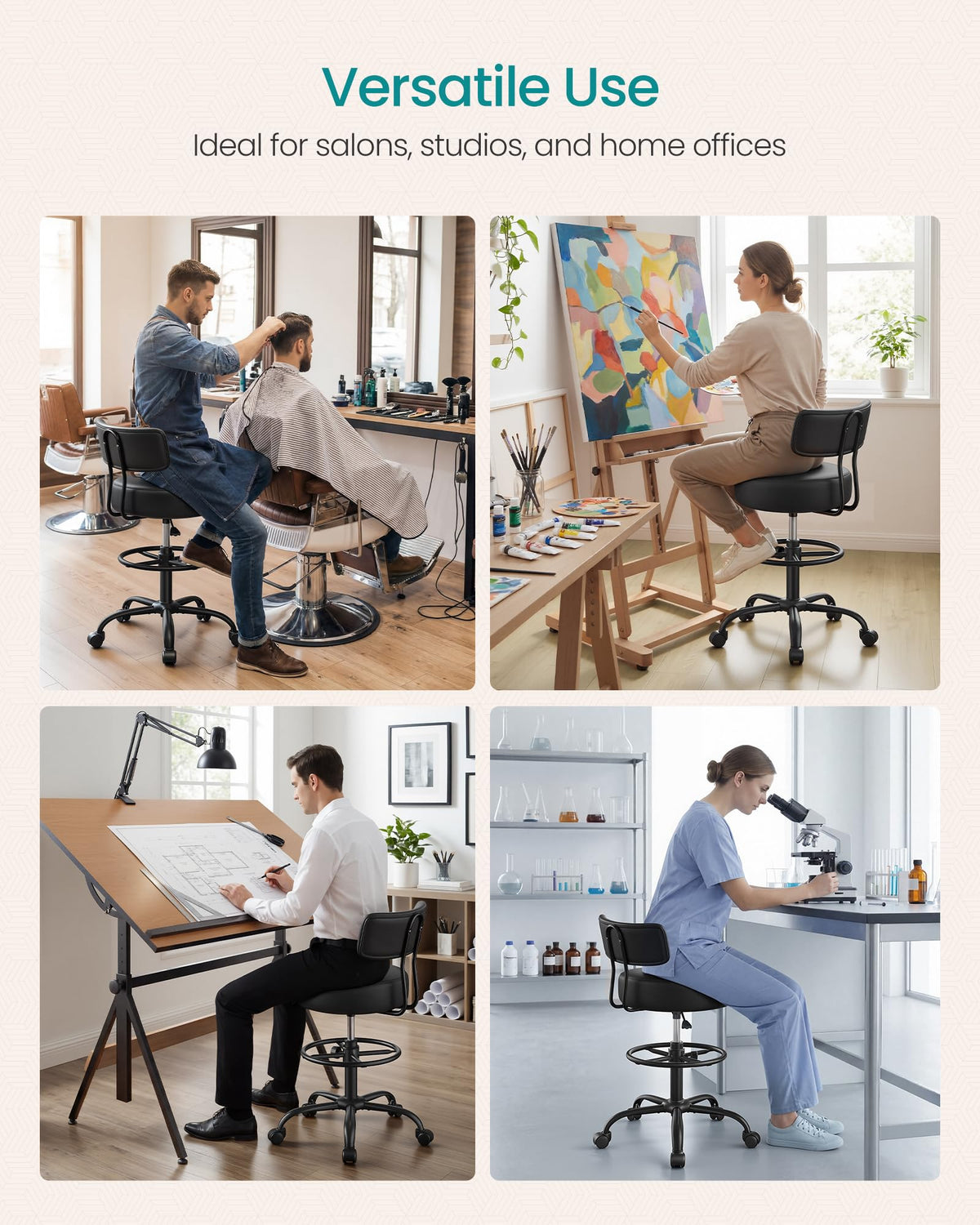 SONGMICS Drafting Chair with Backrest, Height Rolling Stool, PU Leather