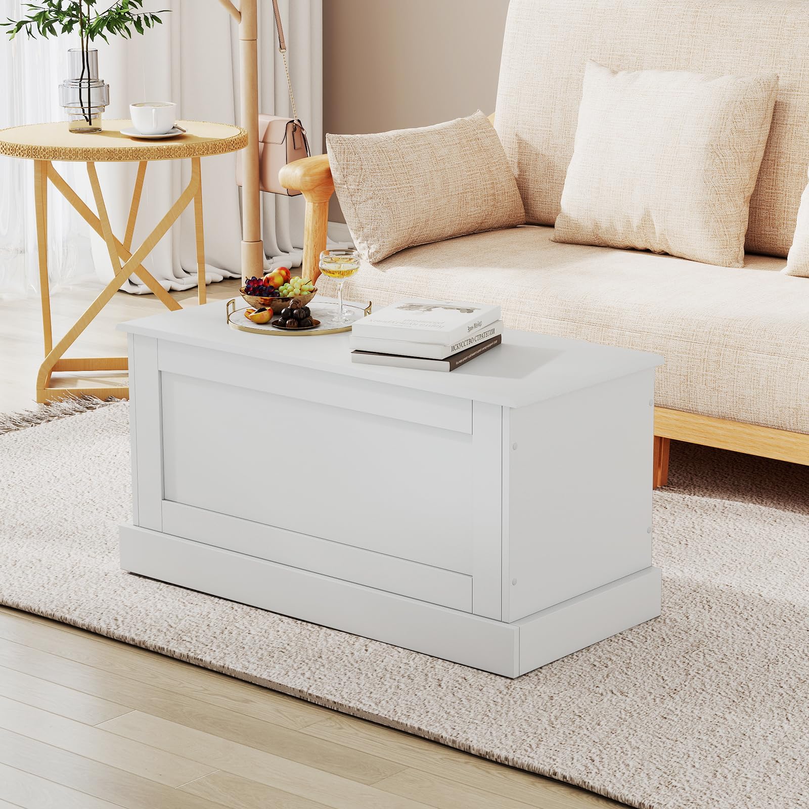 LOKO 35.5” Storage Chest, Lift Top Storage Box with Metal Hinges, Wooden Storage Bench with Safety Hydraulic Strut, Large Modern Storage Trunk for Living Room, Bedroom, Entryway (White)