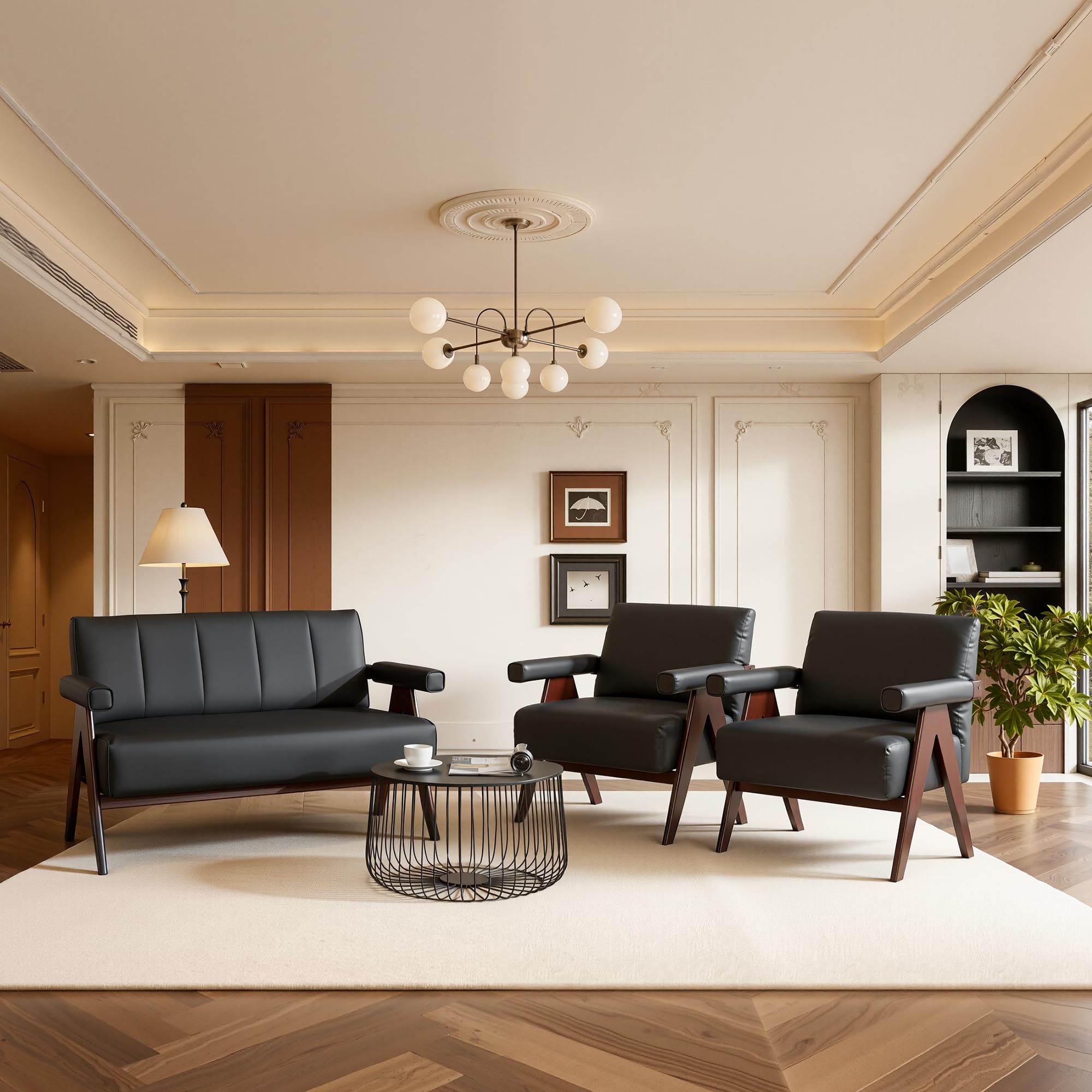 Faux Leather Loveseat Sofa & Accent Chair Set | Mid-Century Modern