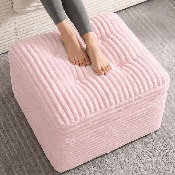 Corduroy Pouf Ottoman with Dual-Layer Support