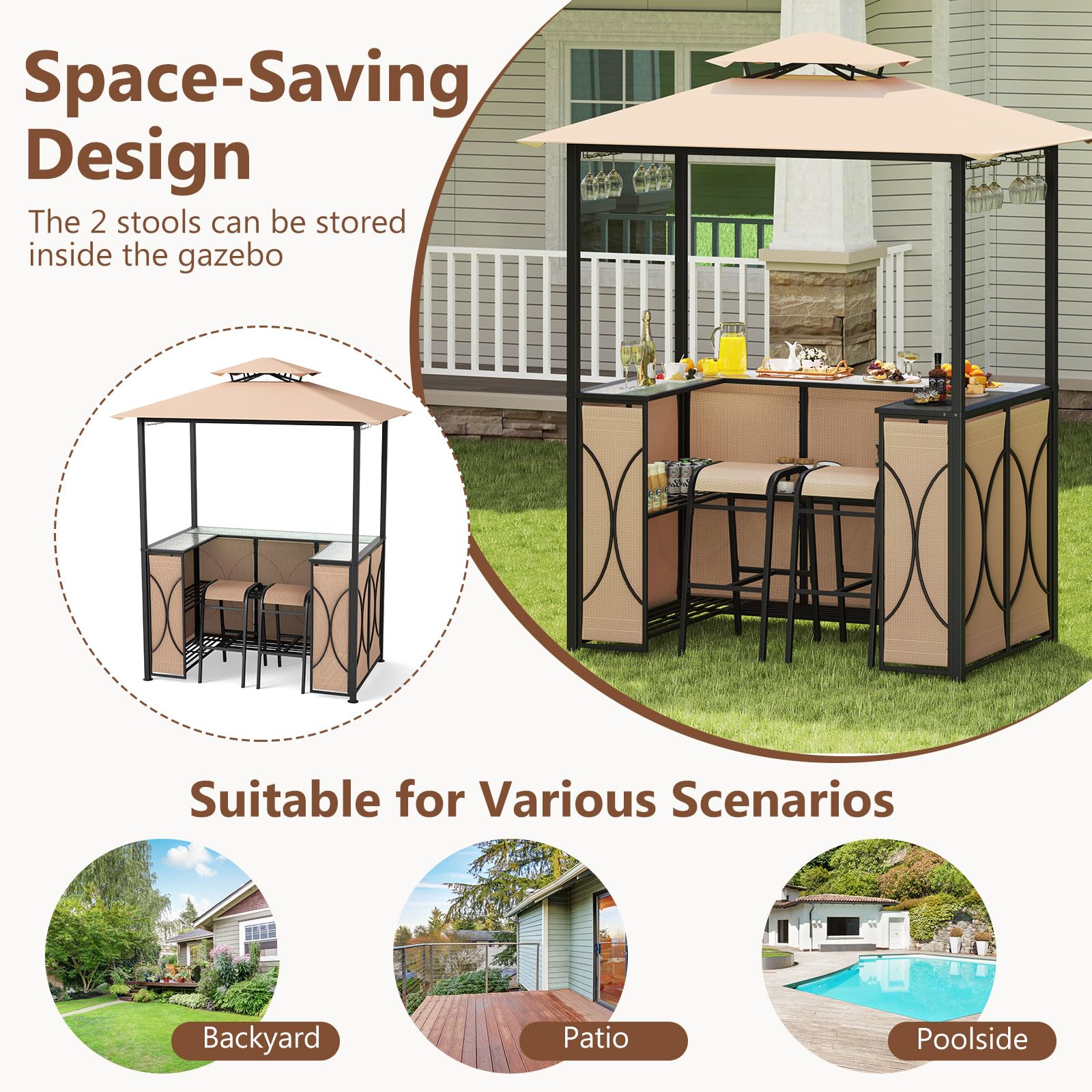 Tangkula 3-Piece Patio Bar Set, Grill Gazebo & 2 Bar Stools with Tempered Glass Bar Table, Metal Storage Shelves, Glass Holders, Double-Tier Soft Top Canopy BBQ Gazebo Shelter for Patio Garden (Brown)