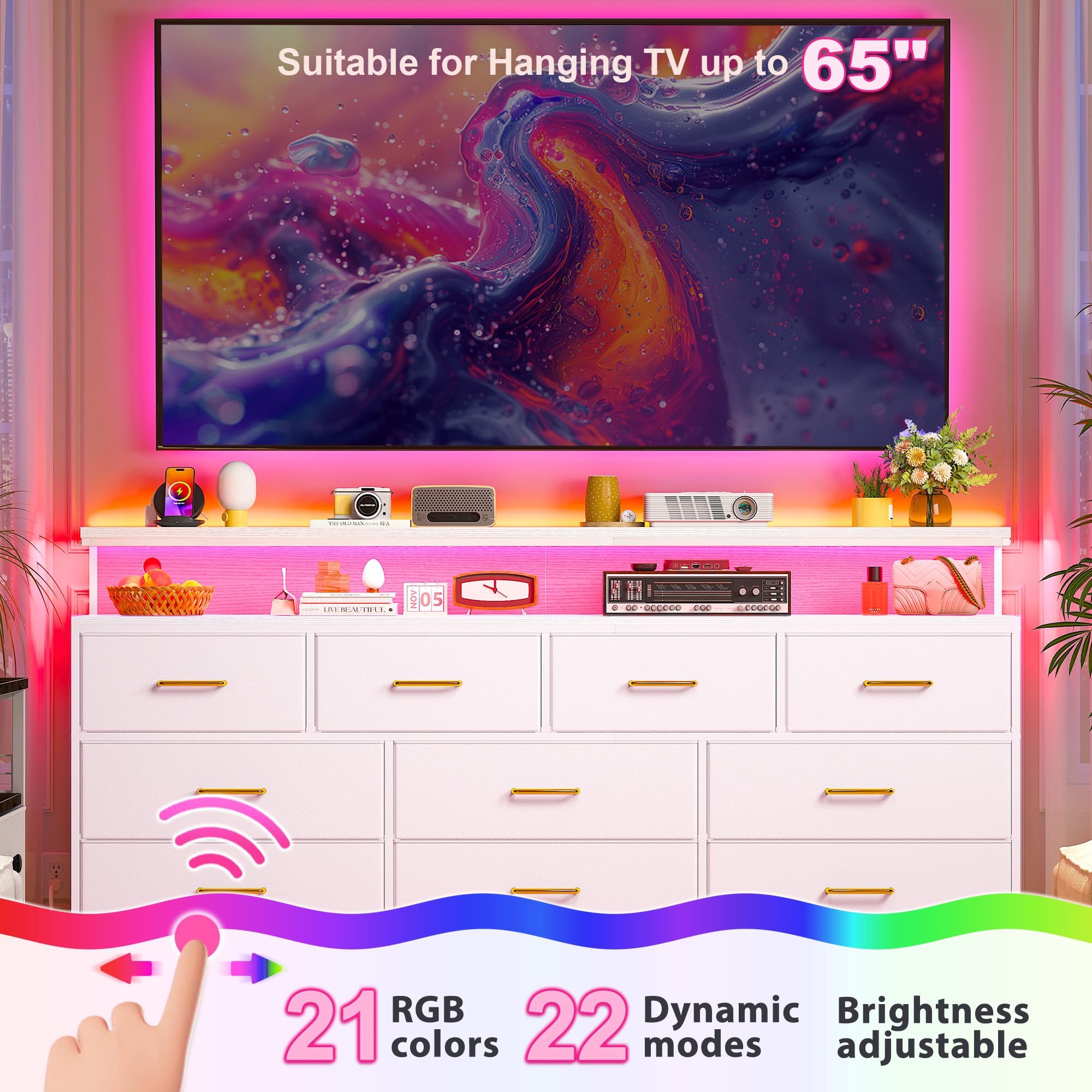 EnHomee 55" W White Dresser for Bedroom with 10 Fabric Drawers Long Dressers & Chests of Drawers with LED Lights & Power Outlets Large Dresser for Bedroom for Hallway, Metal Frame, White