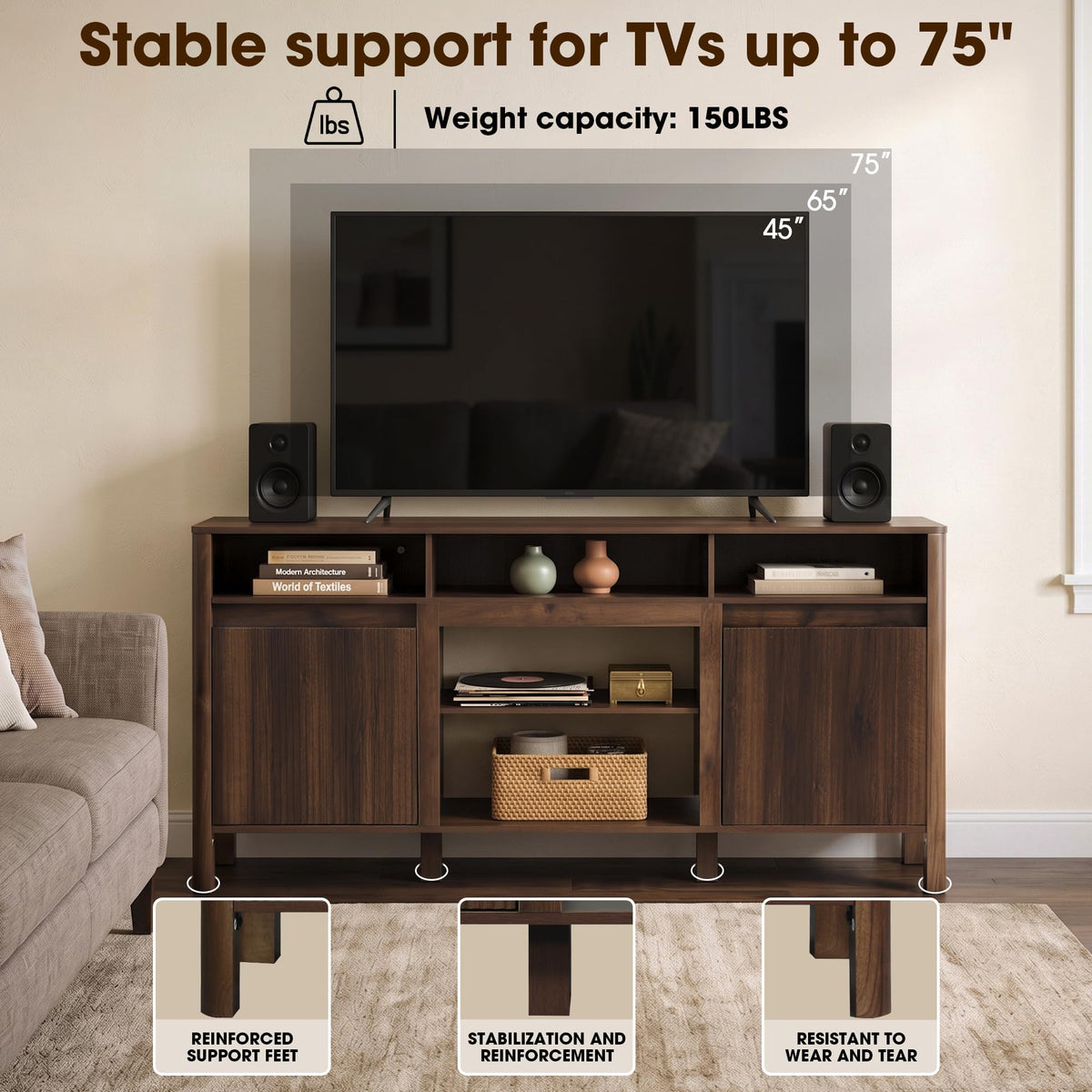 68" Fluted TV Stand for TVs Up to 75", Mid Century Modern TV Stand, Walnut