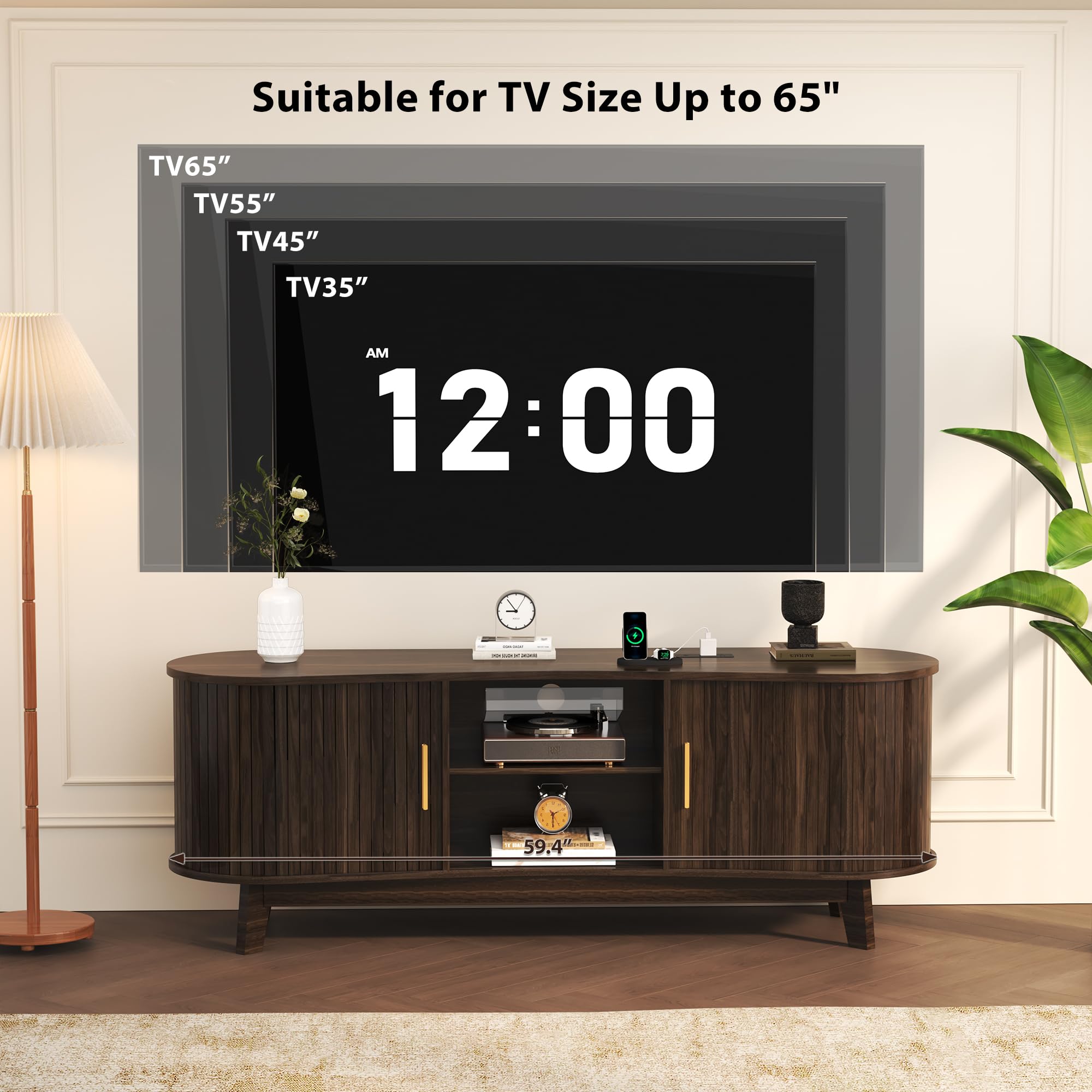 59" Mid-Century TV Stand with Sliding Doors & Power Outlets
