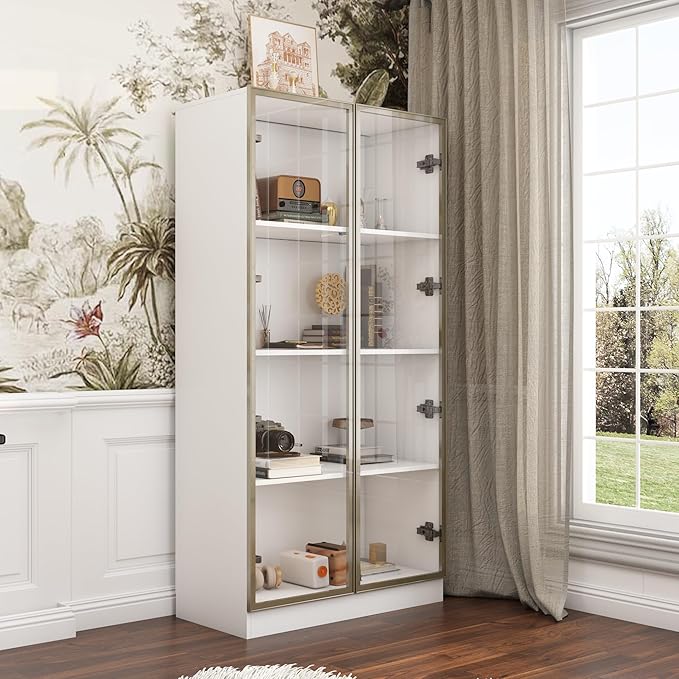 4-Tier Bookcase with Glass Doors & LED Lights
