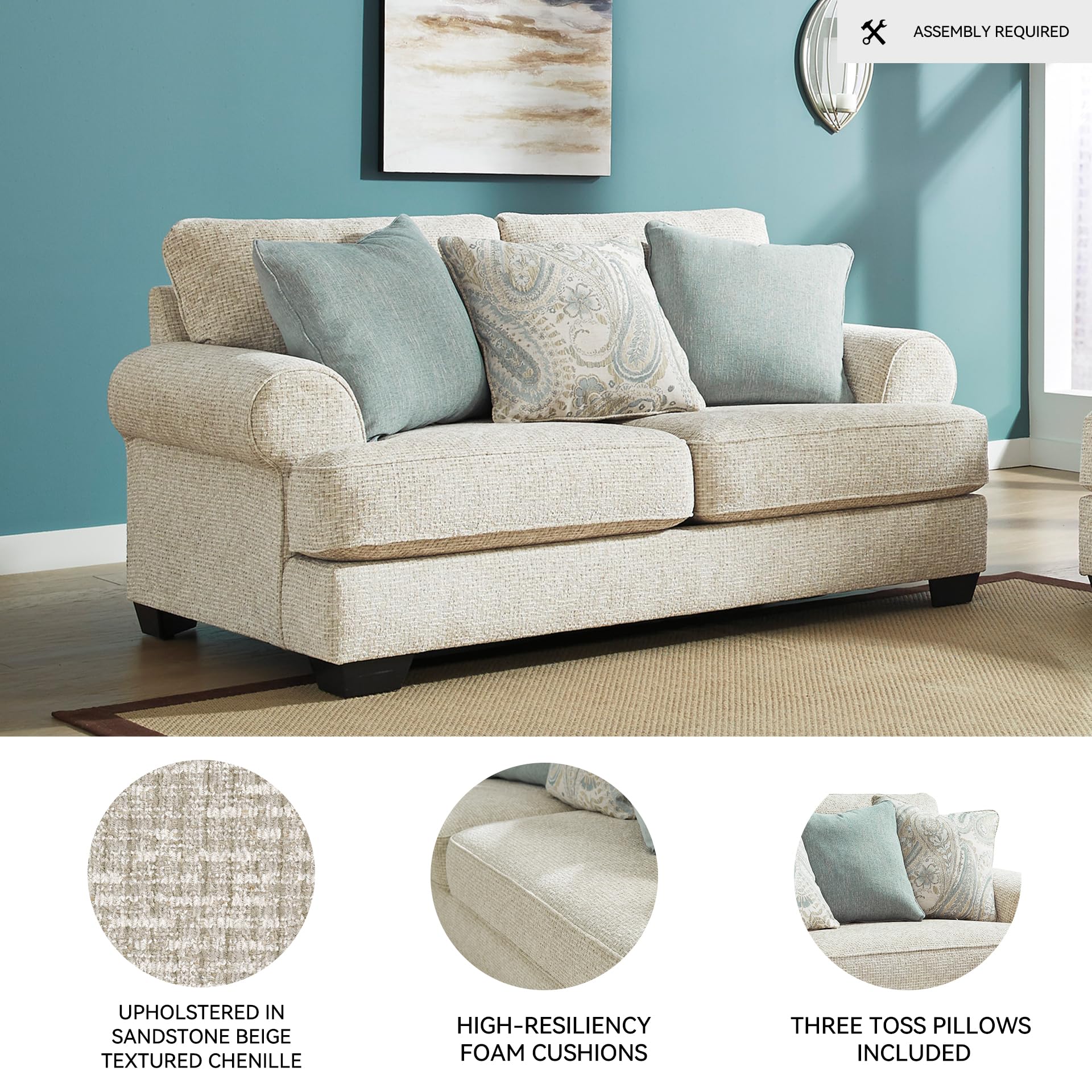 Chenille Loveseat with Rolled Arms, Reversible Cushions & Accent Pillows