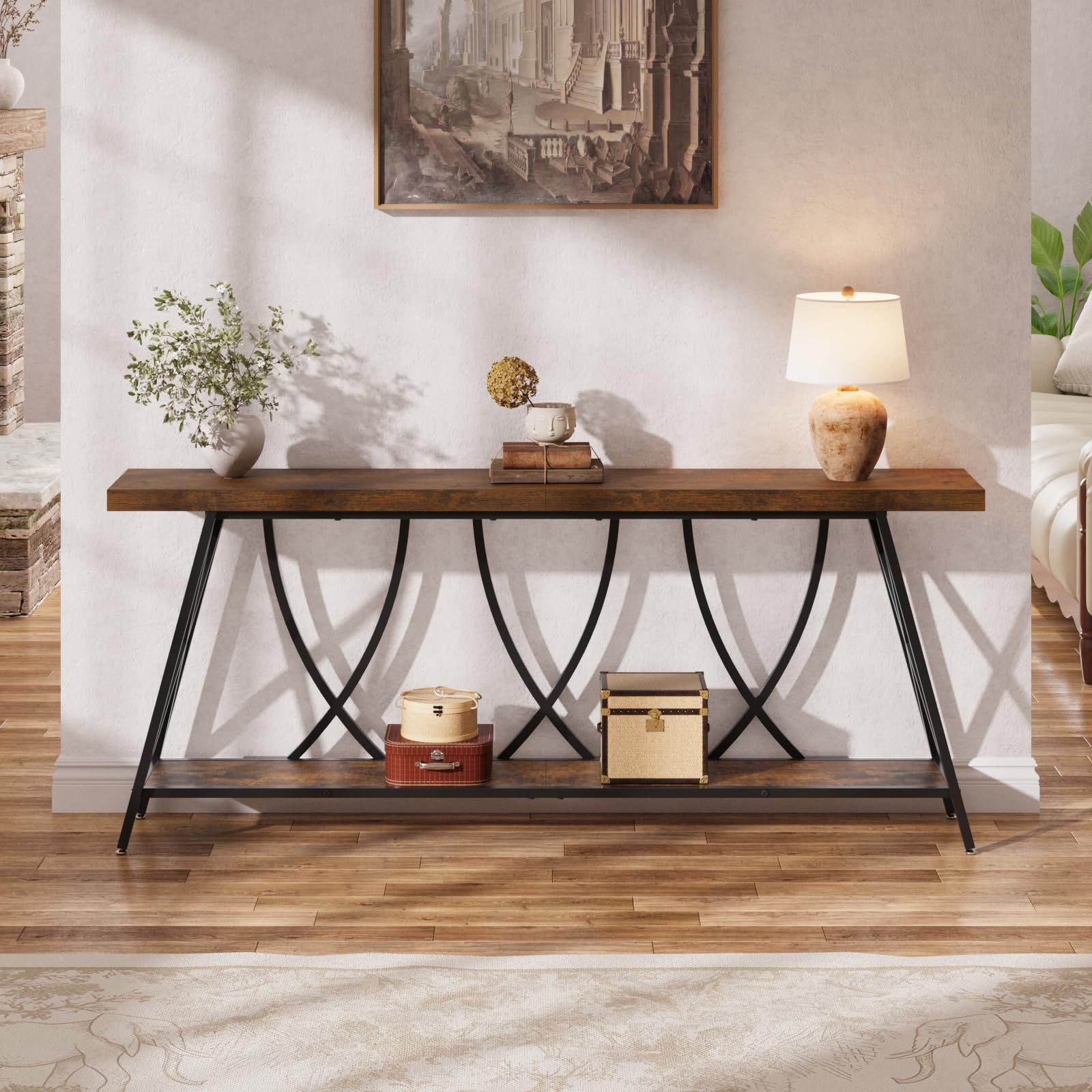 JUSTOGO 70.9" Narrow Console Table for Entryway, Industrial Long Sofa Table Behind Couch, Farmhouse Hallway Table with Storage for Living Room, Entrance, Foyer, Rustic Brown