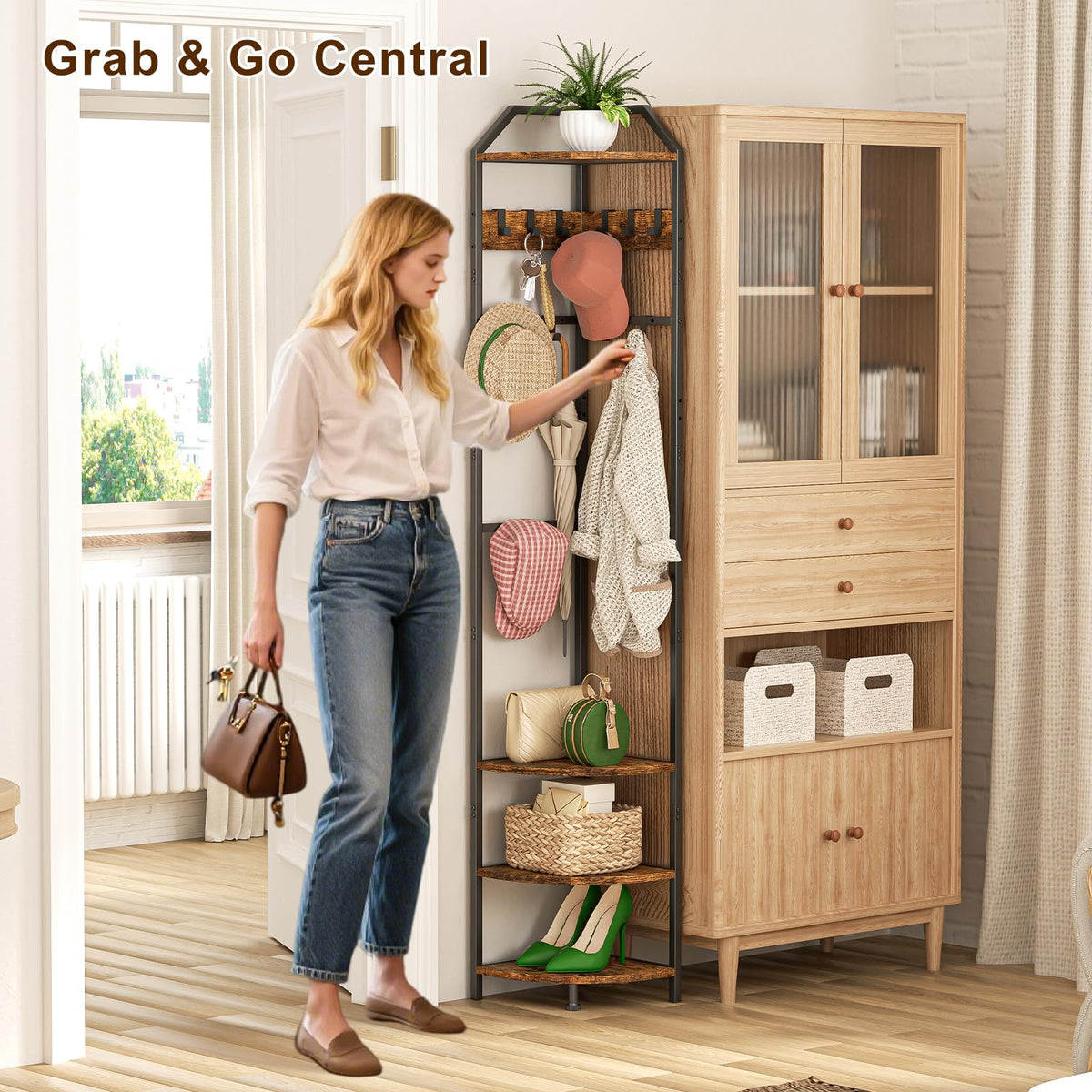 Corner Coat Rack with Adjustable Shelves