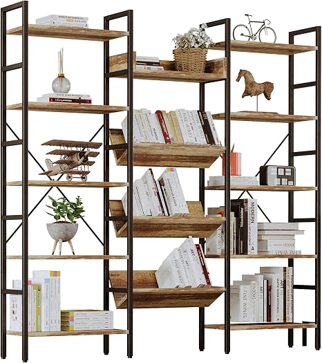 Triple Wide 5-Tier Industrial Bookshelf with Metal Frame
