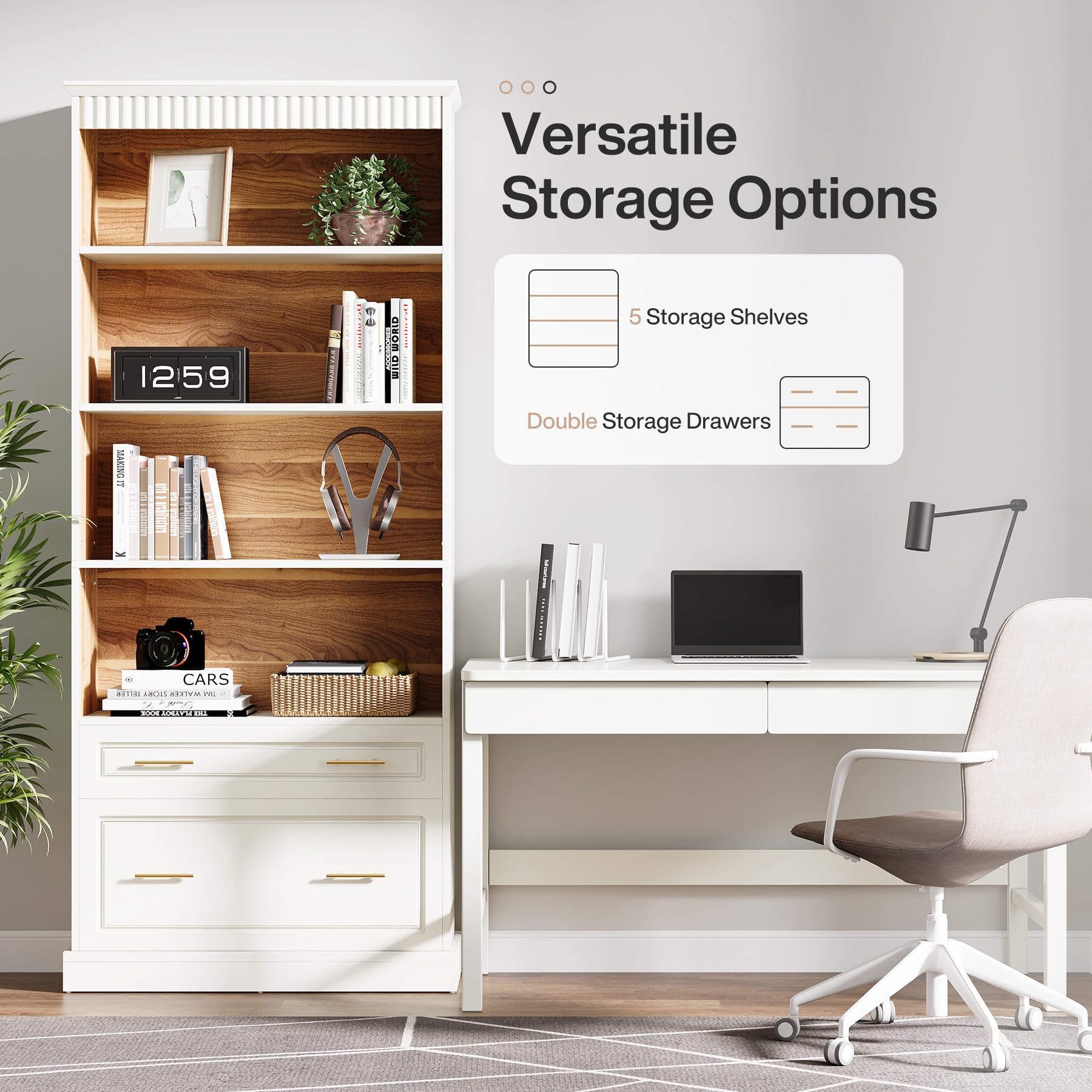 Tribesigns 5-Shelf Bookcase with File Cabinet Drawer, 72" Tall Bookshelf, Modern Free-Standing Wood Bookcase, Large Open Display Storage Book Shelf for Living Room (1, White)