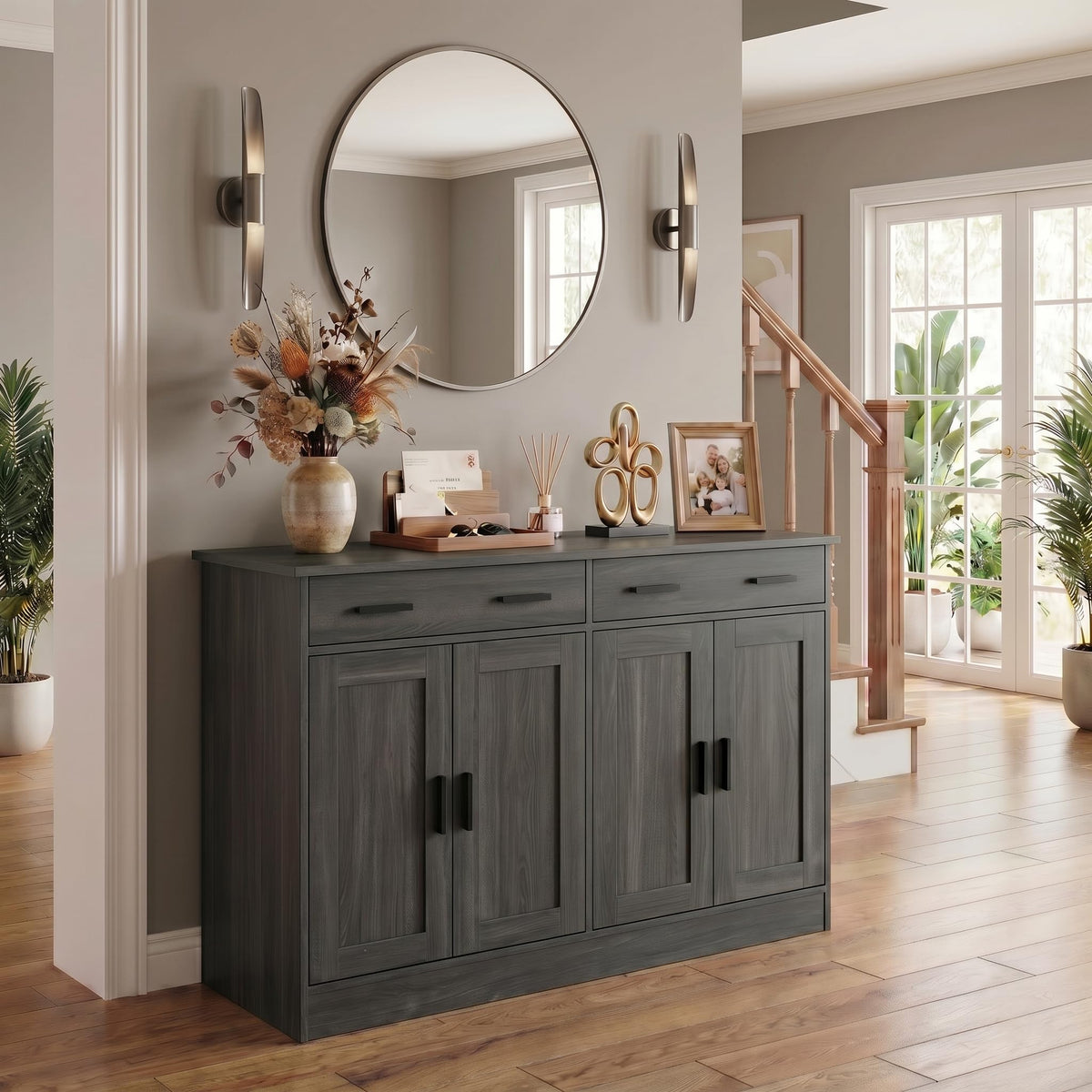 Anystyle 53" Dark Grey Buffet Cabinet with Storage, Kitchen Sideboard Buffet Server with 2 Drawers & 4 Doors, Modern Coffee Bar Cabinet Credenza for Dining Room, Living Room, Hallway