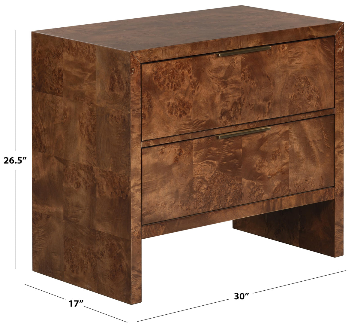 SAFAVIEH Couture - Francene Nightstand - Walnut Burl Poplar Veneer with 2 Drawers - Fully Assembled for Bedroom & Guest Room, 30" W x 17" D x 26.5" H (SFV2228A)