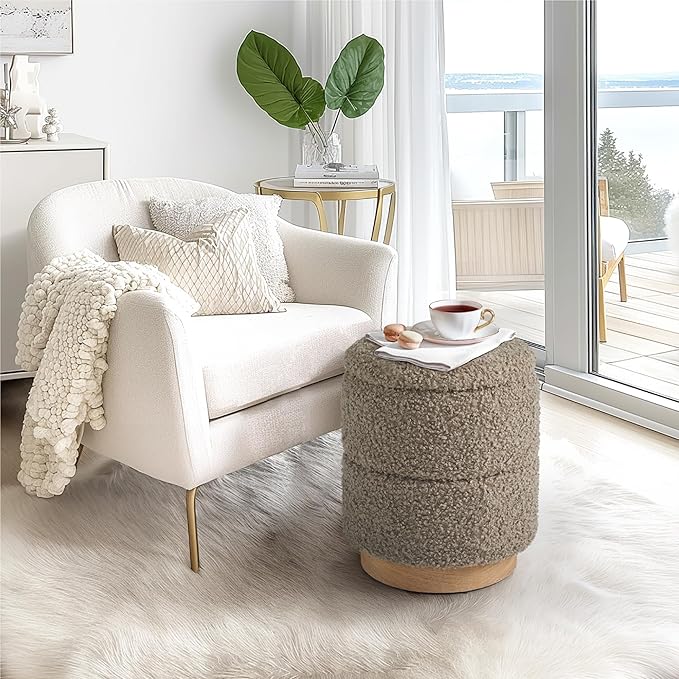 Round Storage Ottoman with Boucle Fabric