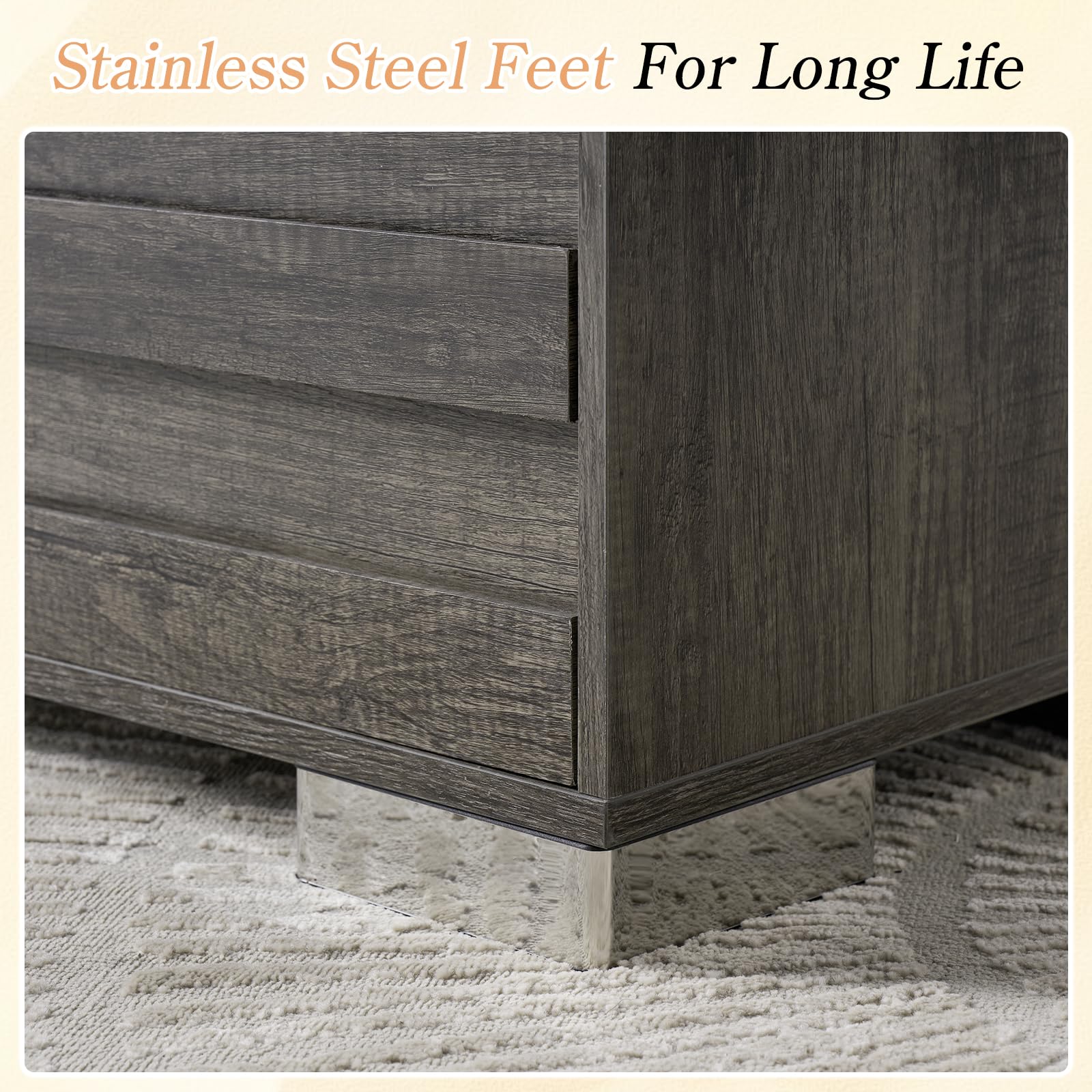 LUXOAK End Table Set of 2 with Charging Station, Farmhouse Side Table with Slated Handles, Nightstands with Stainless Steel Feet for Bedroom & Living Room, Rustic Grey