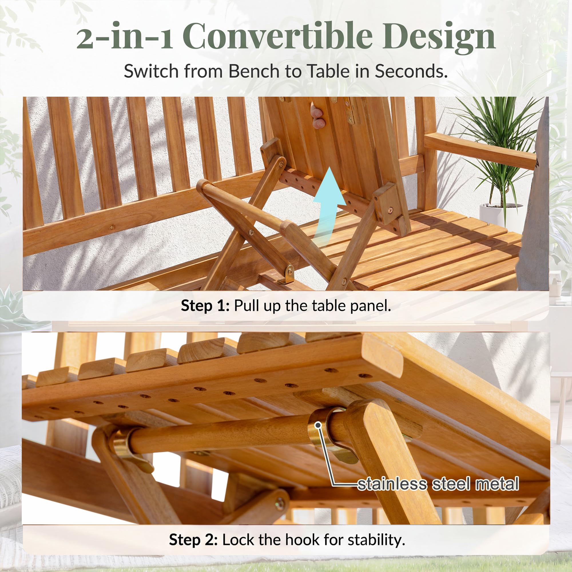 Acacia Wood Outdoor Bench with Pull-Out Center Table