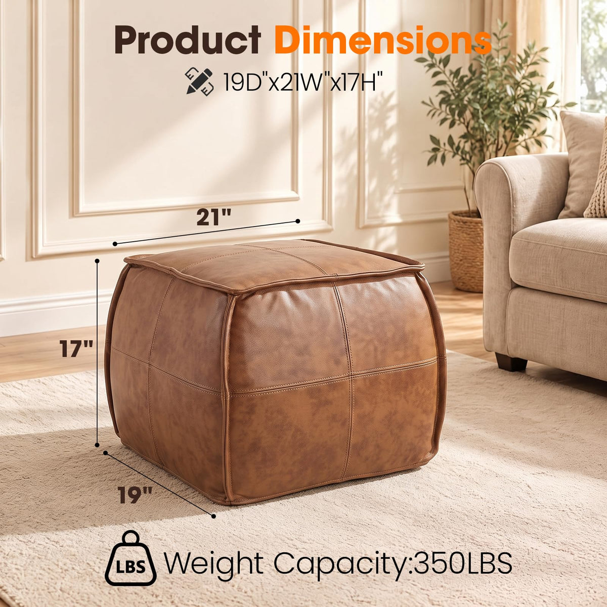 Divanus Genuine Leather Square Ottoman,Pouf for Living Room (Brown, Square)
